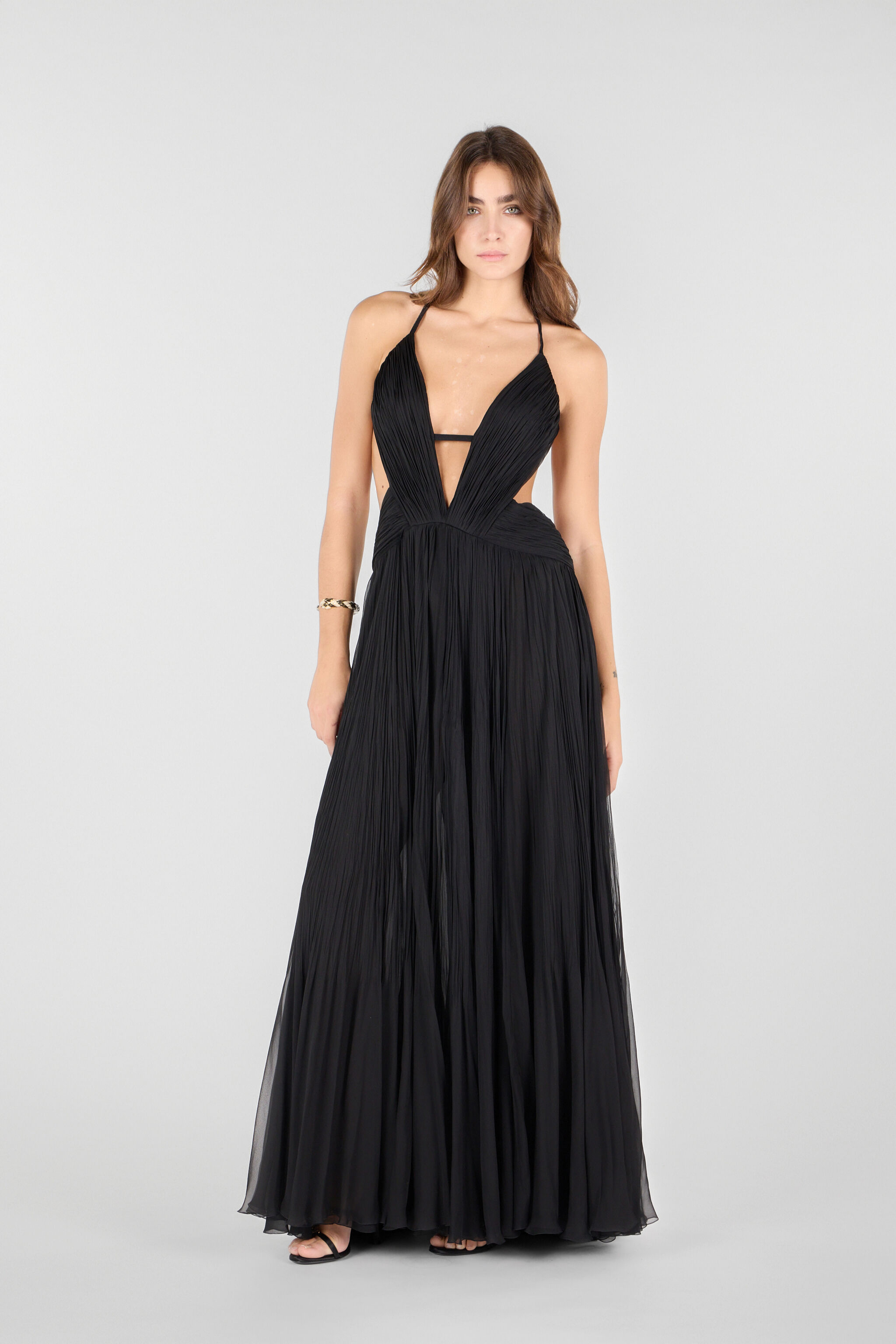 Draped backless silk dress in Black for Women | Roberto Cavalli®
