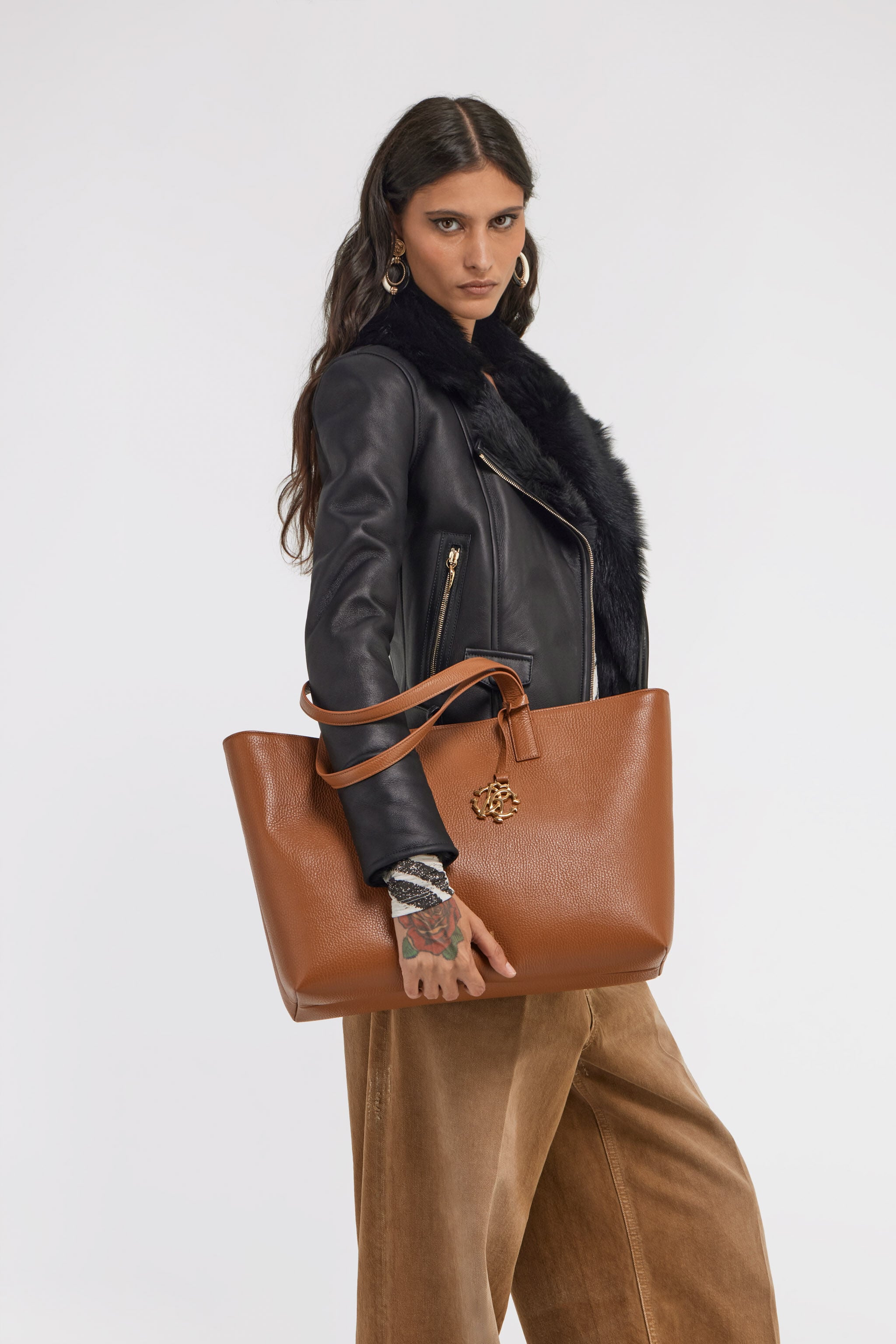 RC Brown Leather Shopping Bag With RC Monogram RC Brown Leather Shopping Bag With RC Monogram Brown SKB016-PZ241