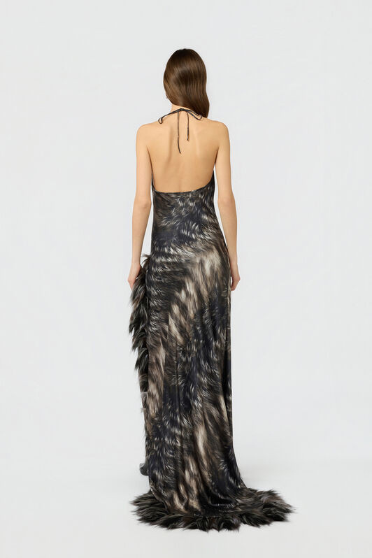 RC Kleid aus Seide mit Fur-Print BLACK/BEIGE XWT151-TYT79