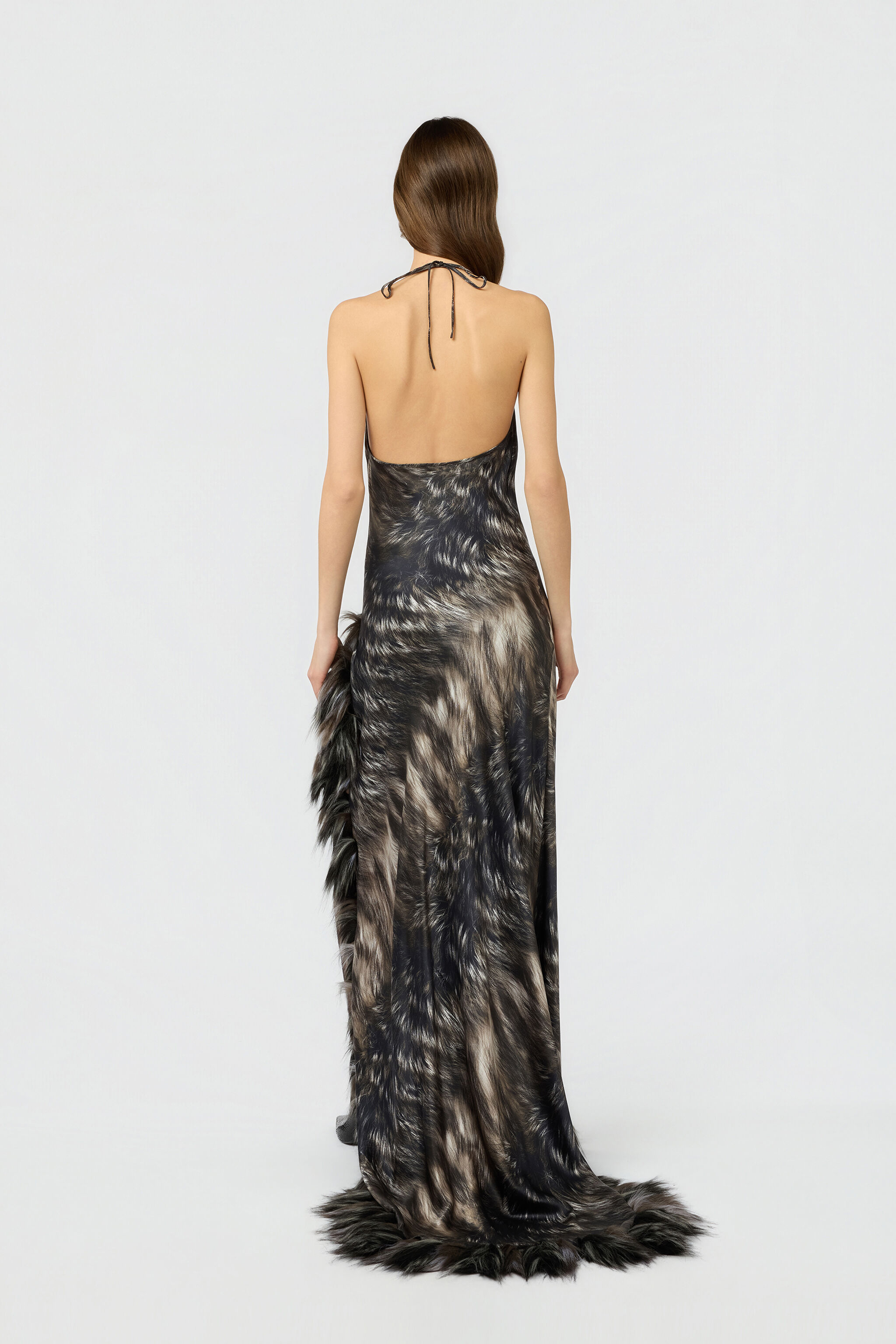 RC Kleid aus Seide mit Fur-Print BLACK/BEIGE XWT151-TYT79