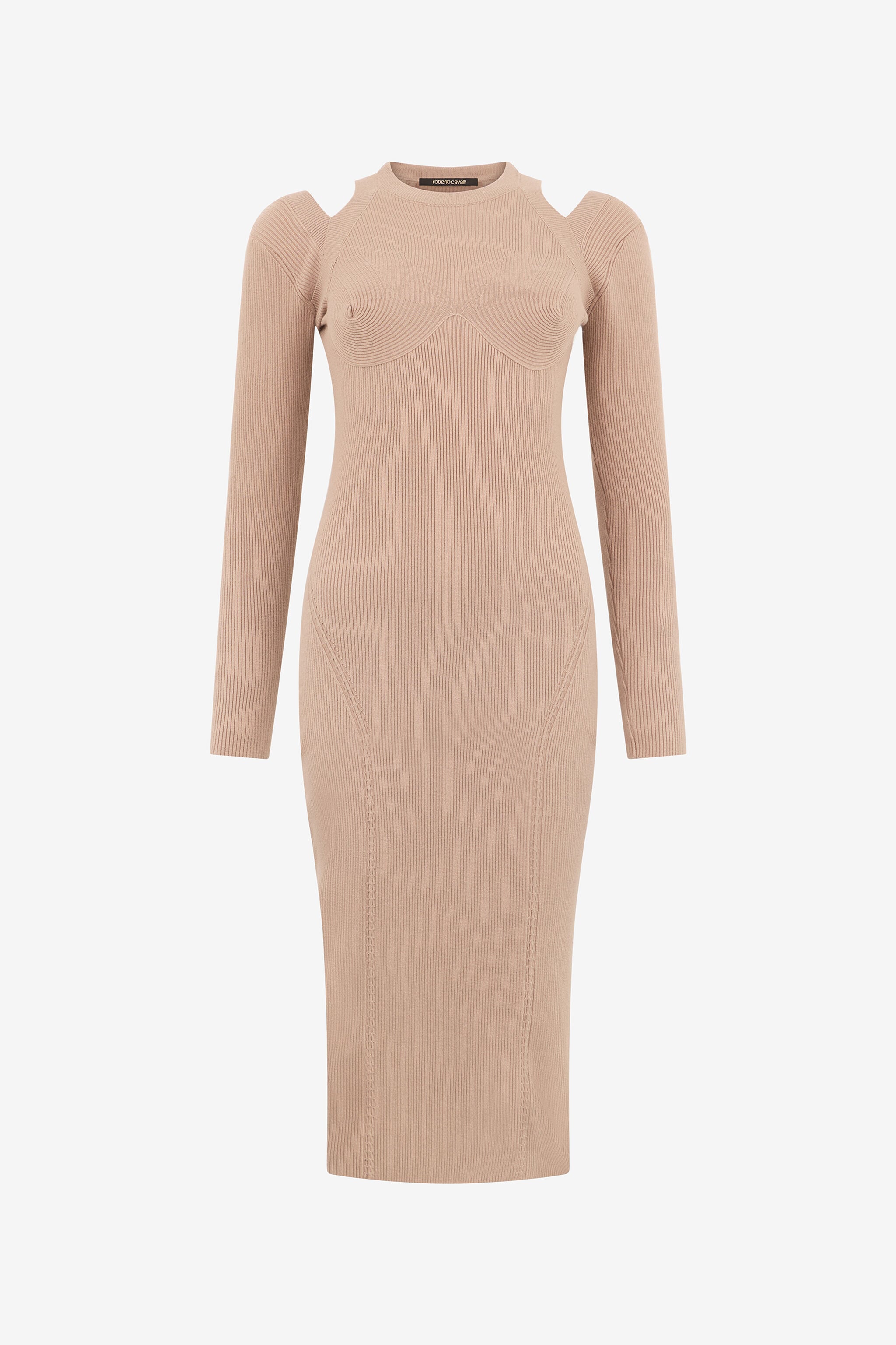RC Beigefarbenes Geripptes Midi-Kleid Mit Cut-Outs RC Beigefarbenes Geripptes Midi-Kleid Mit Cut-Outs NUTS ROM10B-FEC33