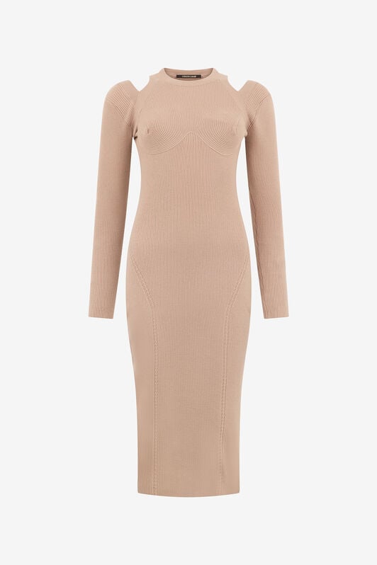 RC Beigefarbenes Geripptes Midi-Kleid Mit Cut-Outs RC Beigefarbenes Geripptes Midi-Kleid Mit Cut-Outs NUTS ROM10B-FEC33