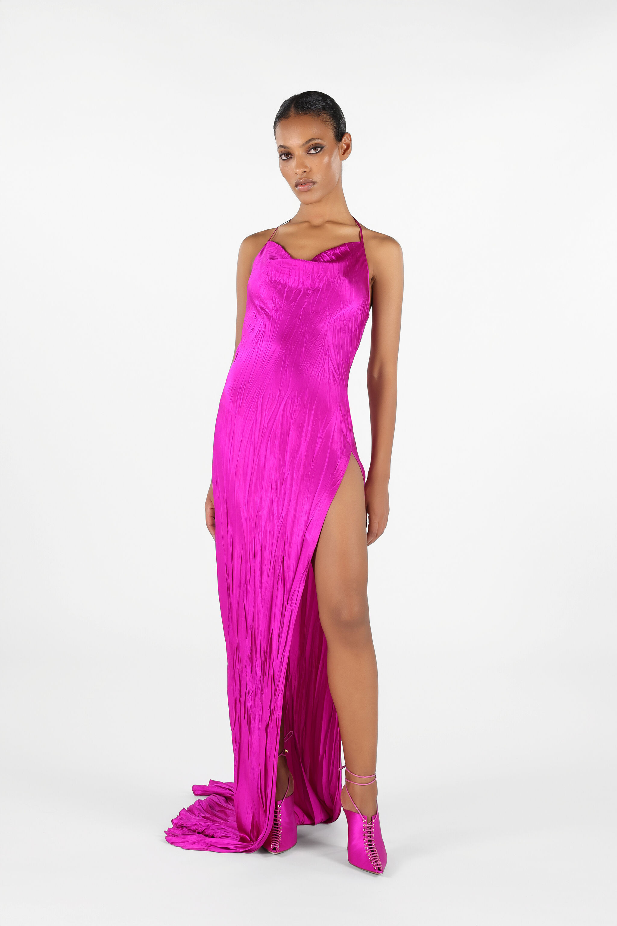 Crinkled Silk Long Dress in Fuchsia for Women | Roberto Cavalli®