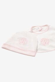 JU Ensemble Bonnet, Bavoir Et Grenouillère Avec Monogramme RC Et Logo Rose UJT817-JD001
