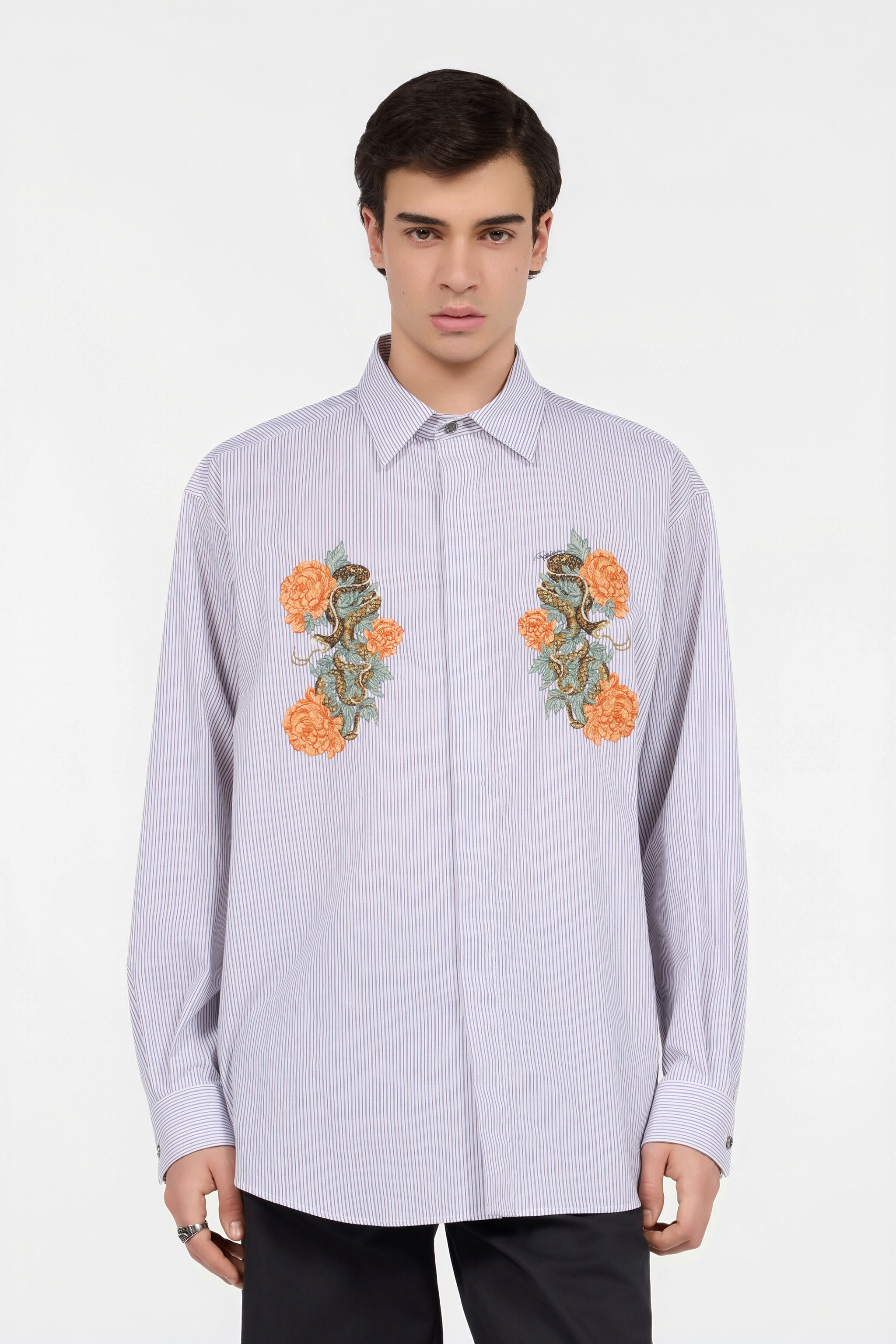 RC Shirt With Embroidered Snakes And Flowers RC Shirt With Embroidered Snakes And Flowers WHITE/BLUE/BROWN XNT722-CH106