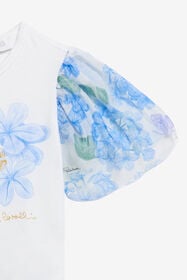 JU White Cotton T-Shirt with Floral Sleeves WHITE/BLUE WJT602-JD001