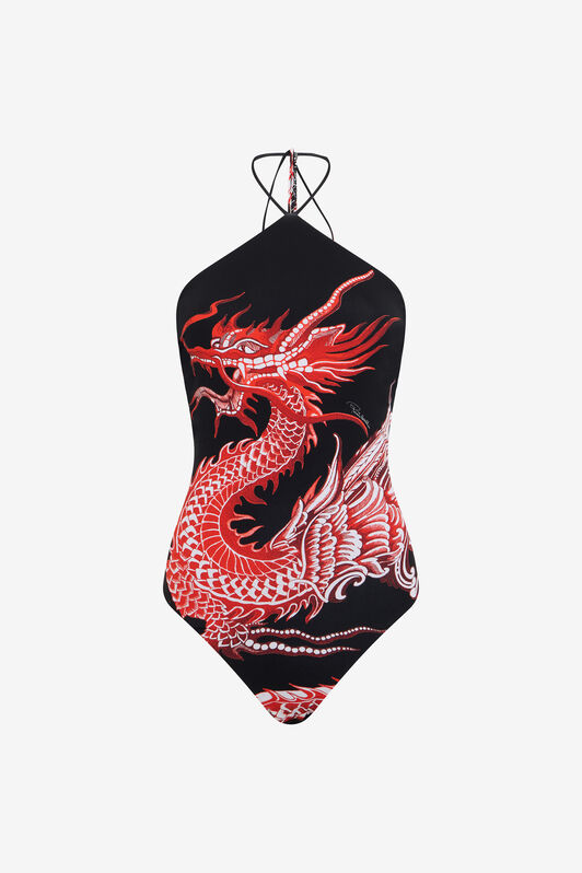 RC Bodysuit With Dragon, Flowers And Fans Black/Red VQT620-LNP75