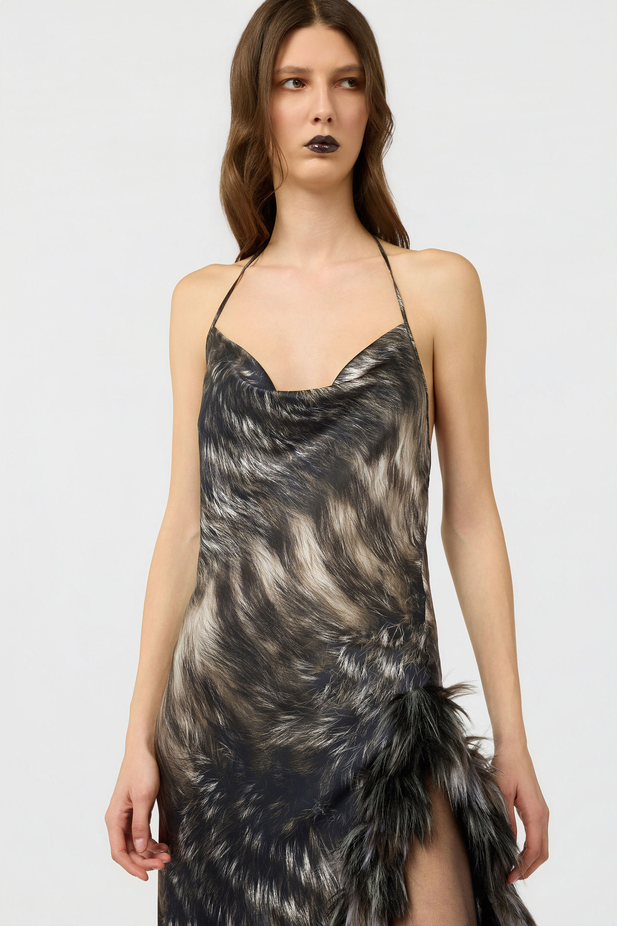 RC Kleid aus Seide mit Fur-Print BLACK/BEIGE XWT151-TYT79