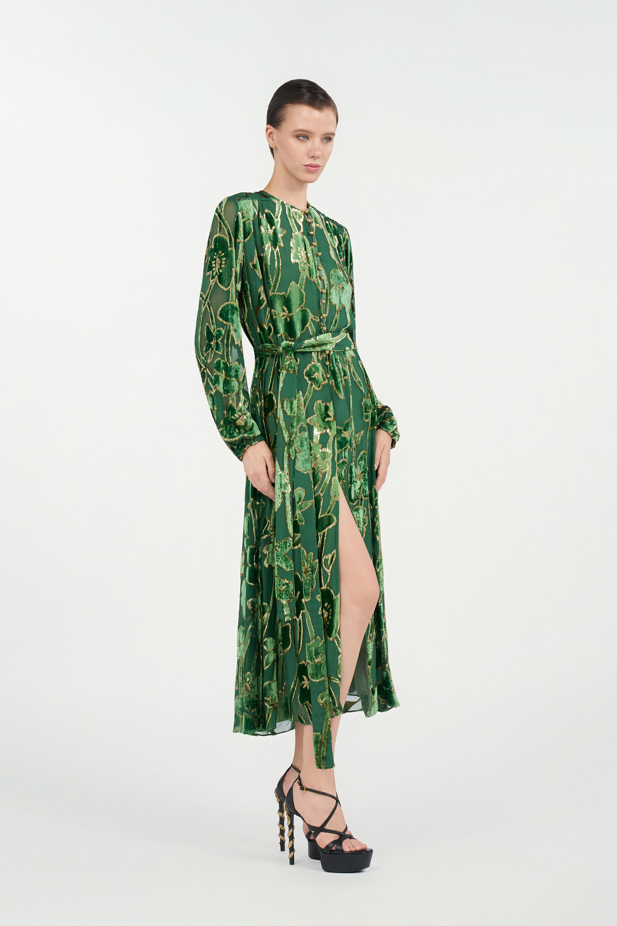 RC Green Velvet Devoré Midi Dress VERDE/ORO VKT122-FC007