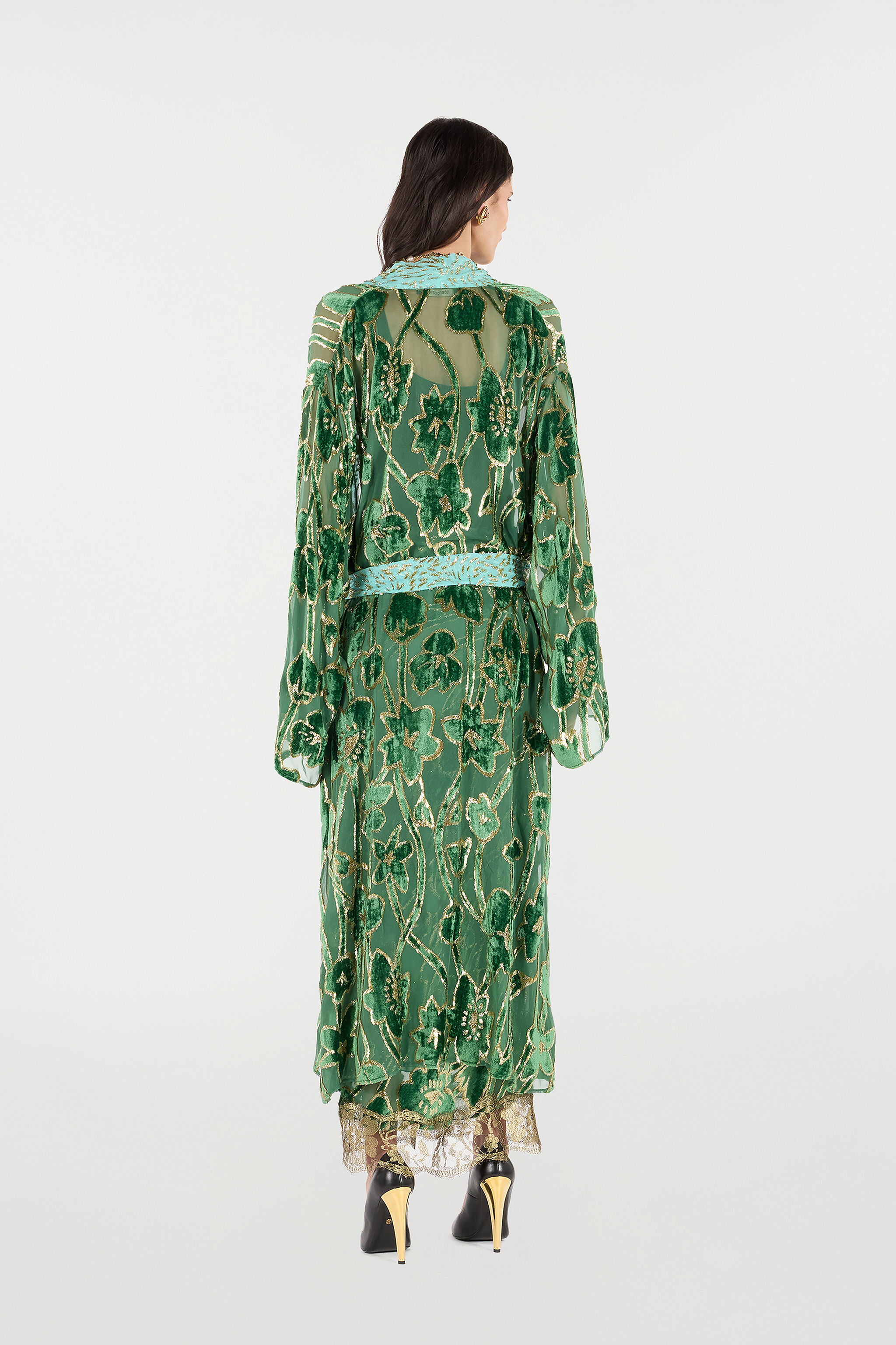 See-Through Robe With Floral Pattern in VERDE/ORO for Women
