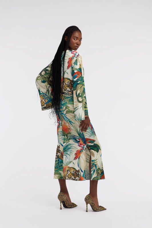 RC Vestido Midi Estampado Jungle Con Nudo En La Cintura RC Vestido Midi Estampado Jungle Con Nudo En La Cintura Verde SKT123-JRI88