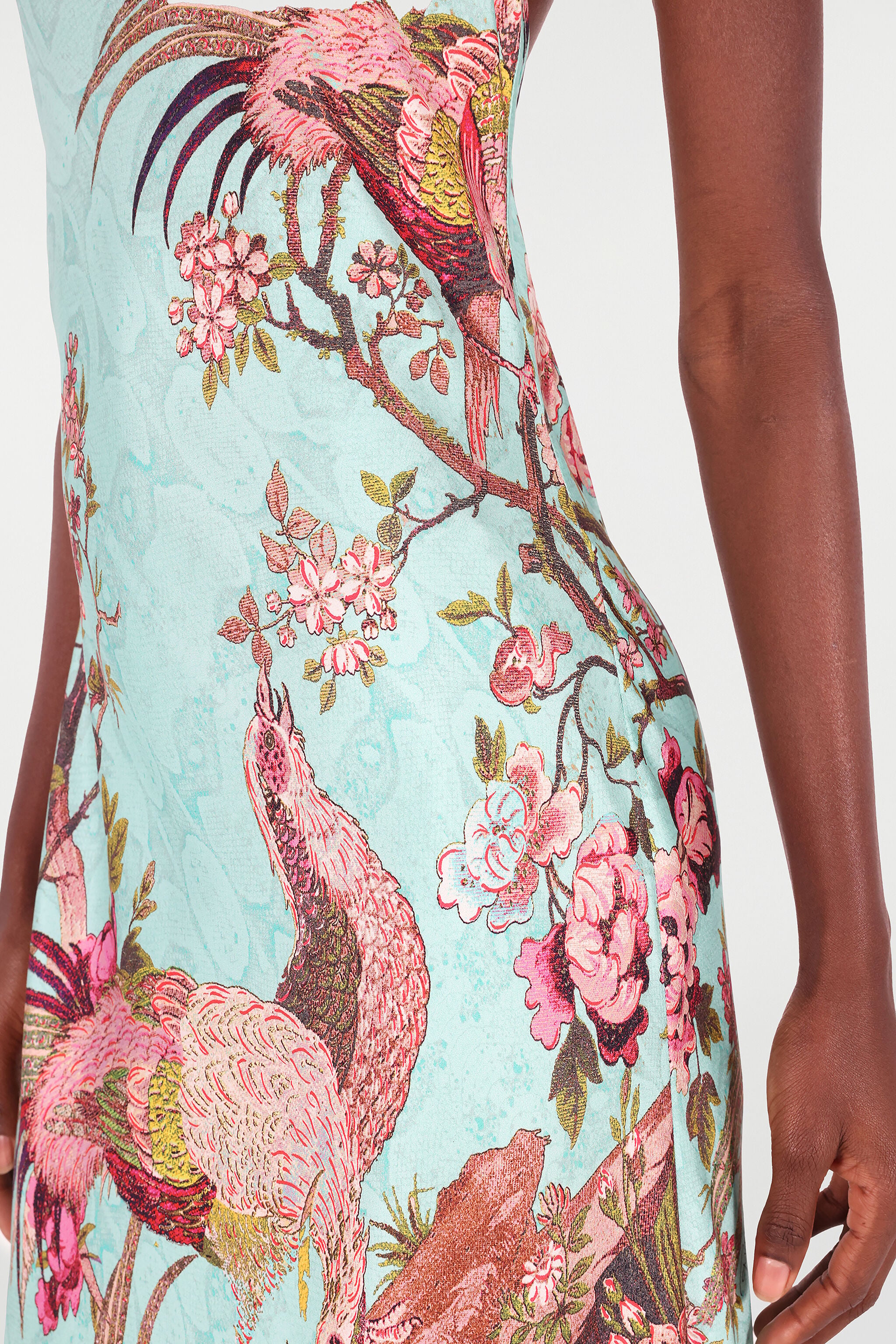Slip Dress With Oriental Bird Print in Blue/Pink for Women