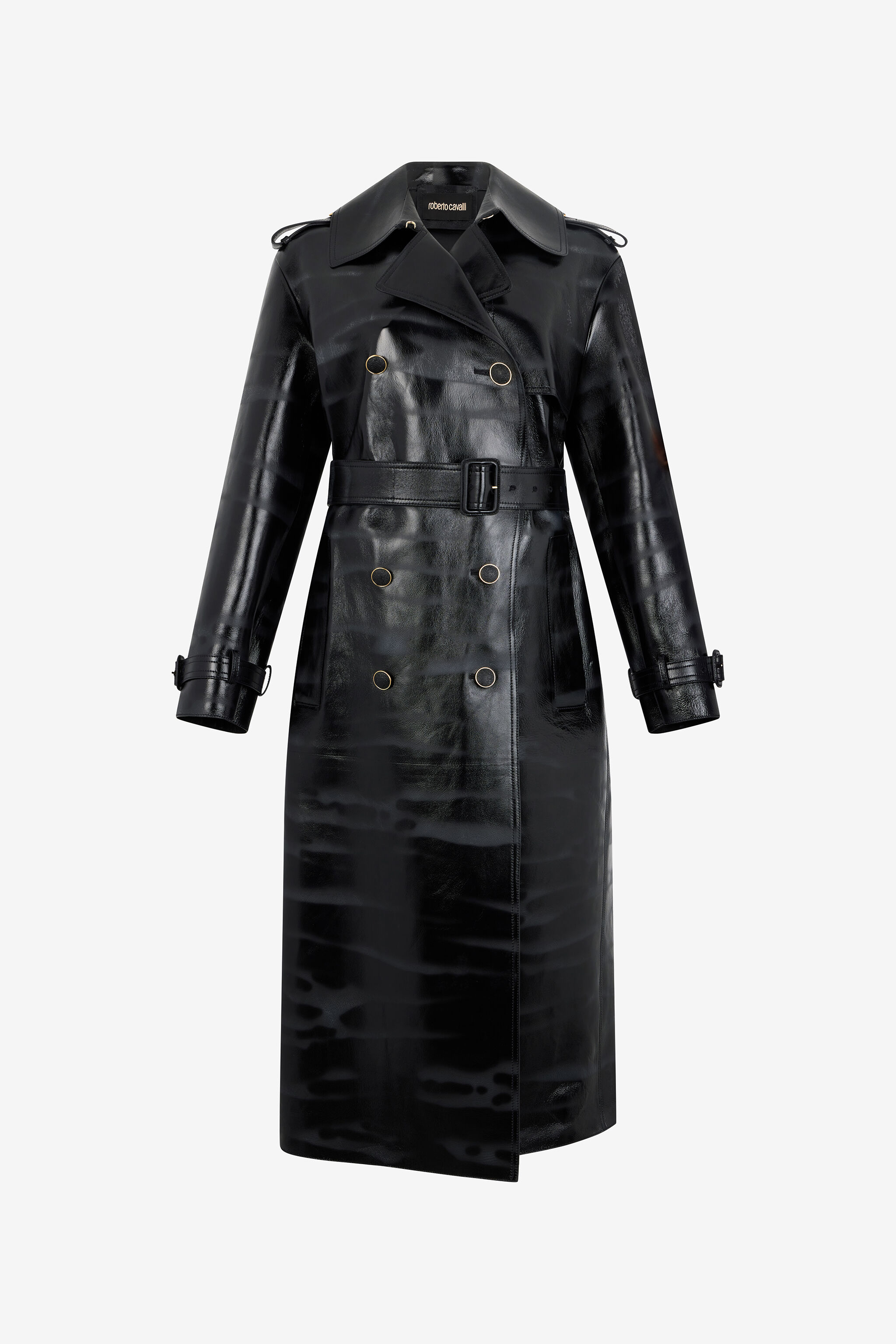 Black Genuine Leather Long Trench Coat in Black for Women