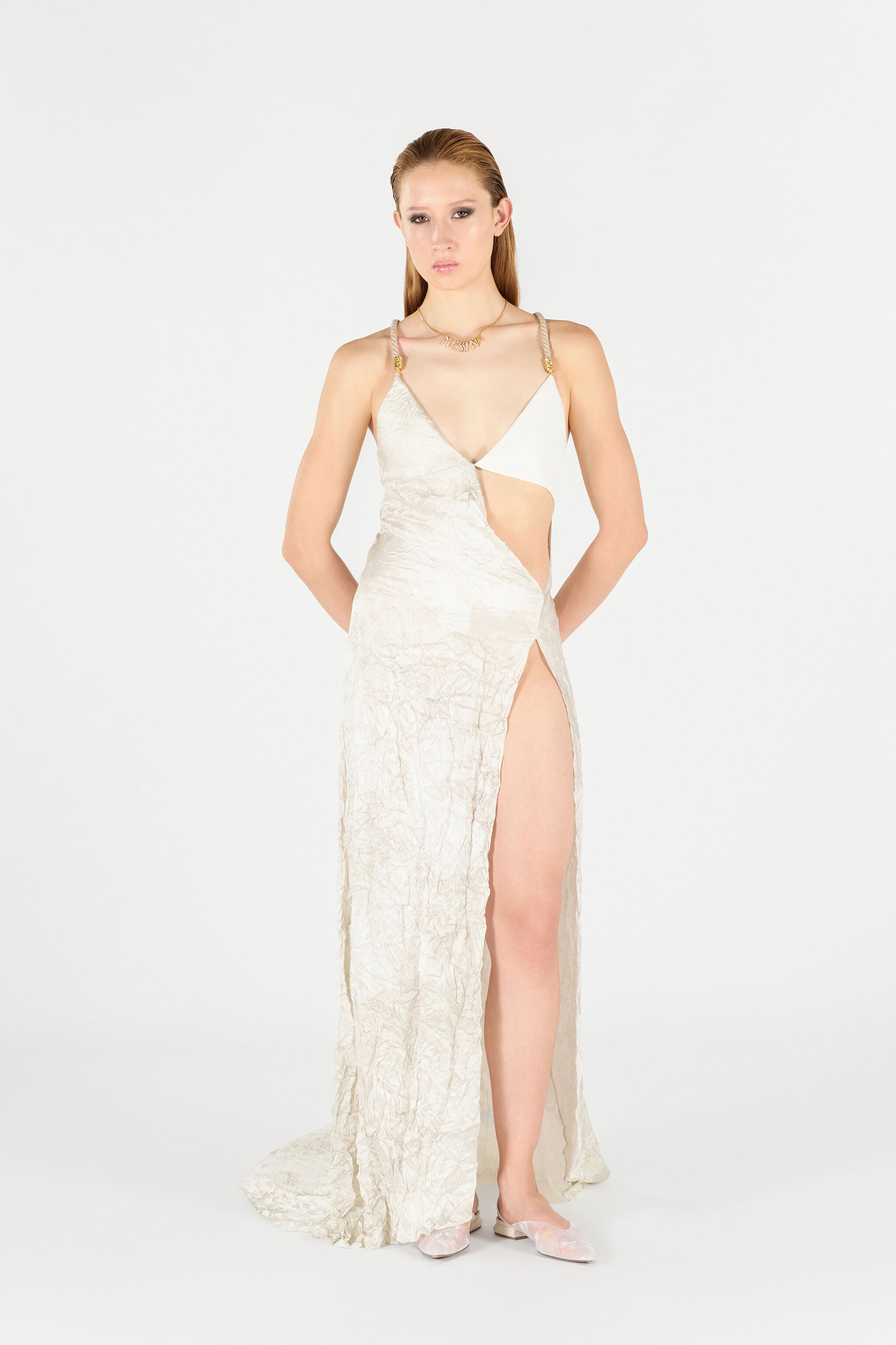 RC Ivory Silk Maxi Dress Crinkled RC Ivory Silk Maxi Dress Crinkled White UWT150-RYN99