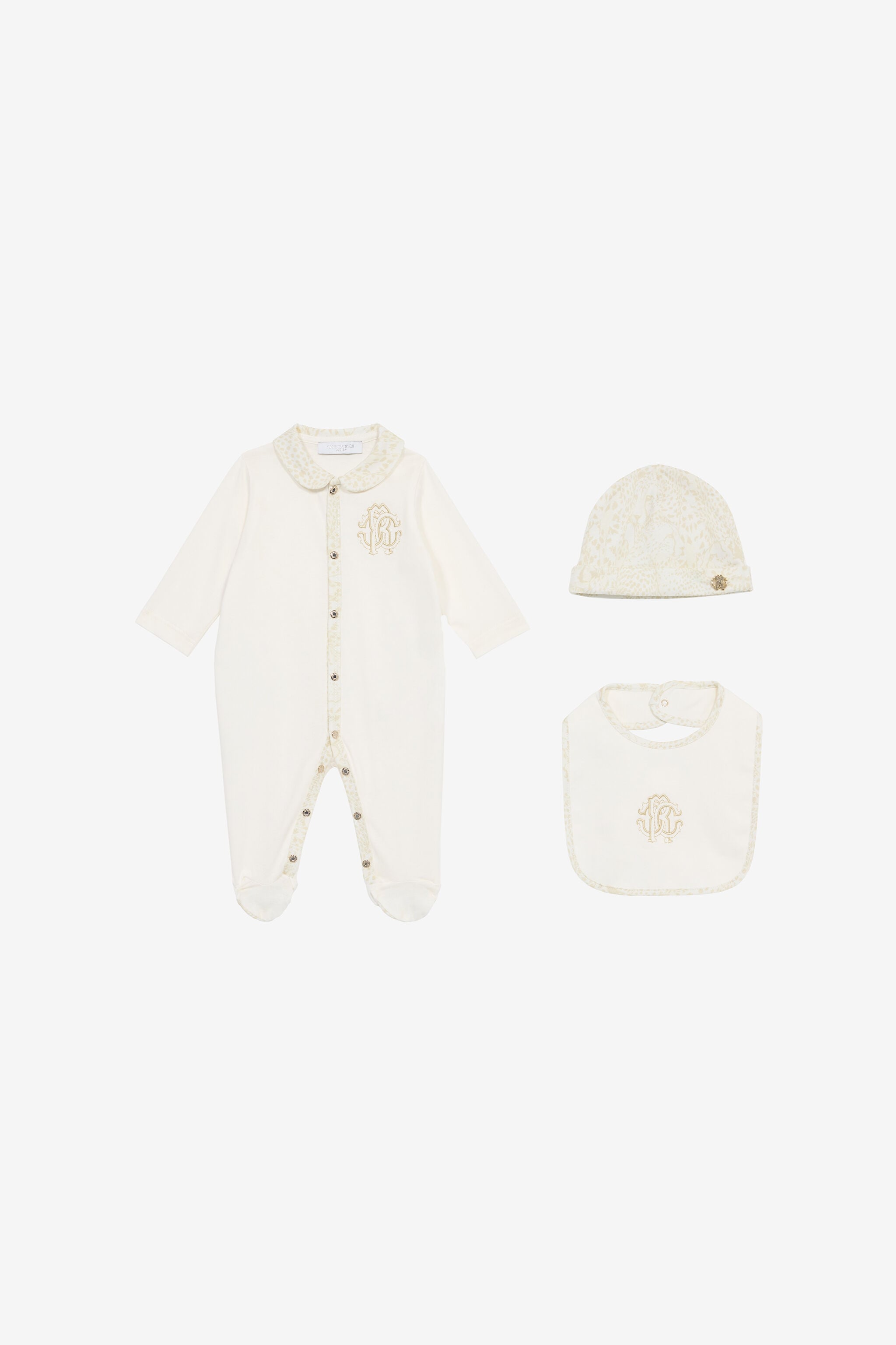 JU Cheetah-Print Hat, Bib And Romper Suit Set JU Cheetah-Print Hat, Bib And Romper Suit Set White UJT828-JD001