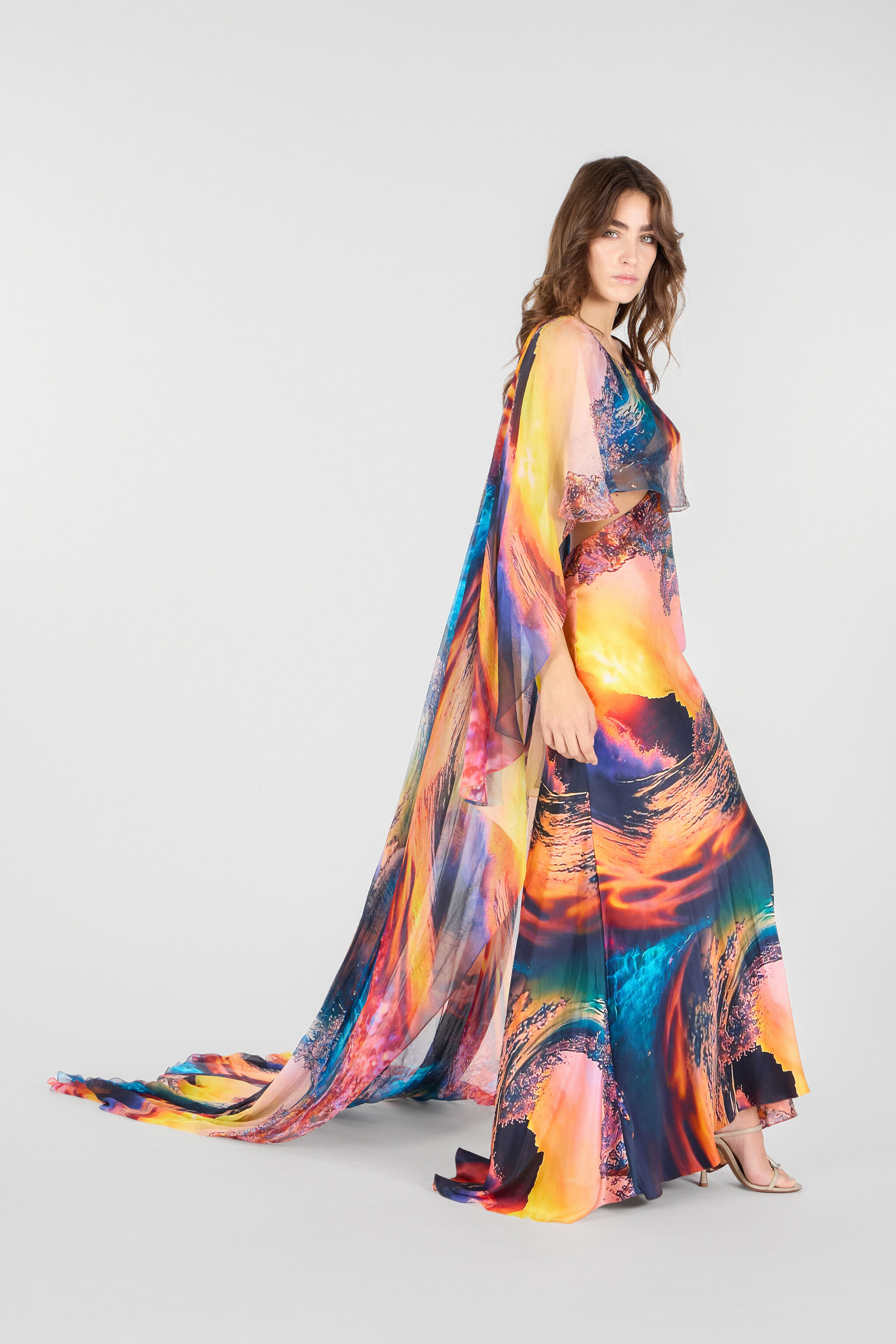Itaca Print Long Dress with Cape in Blue/Orange for Women