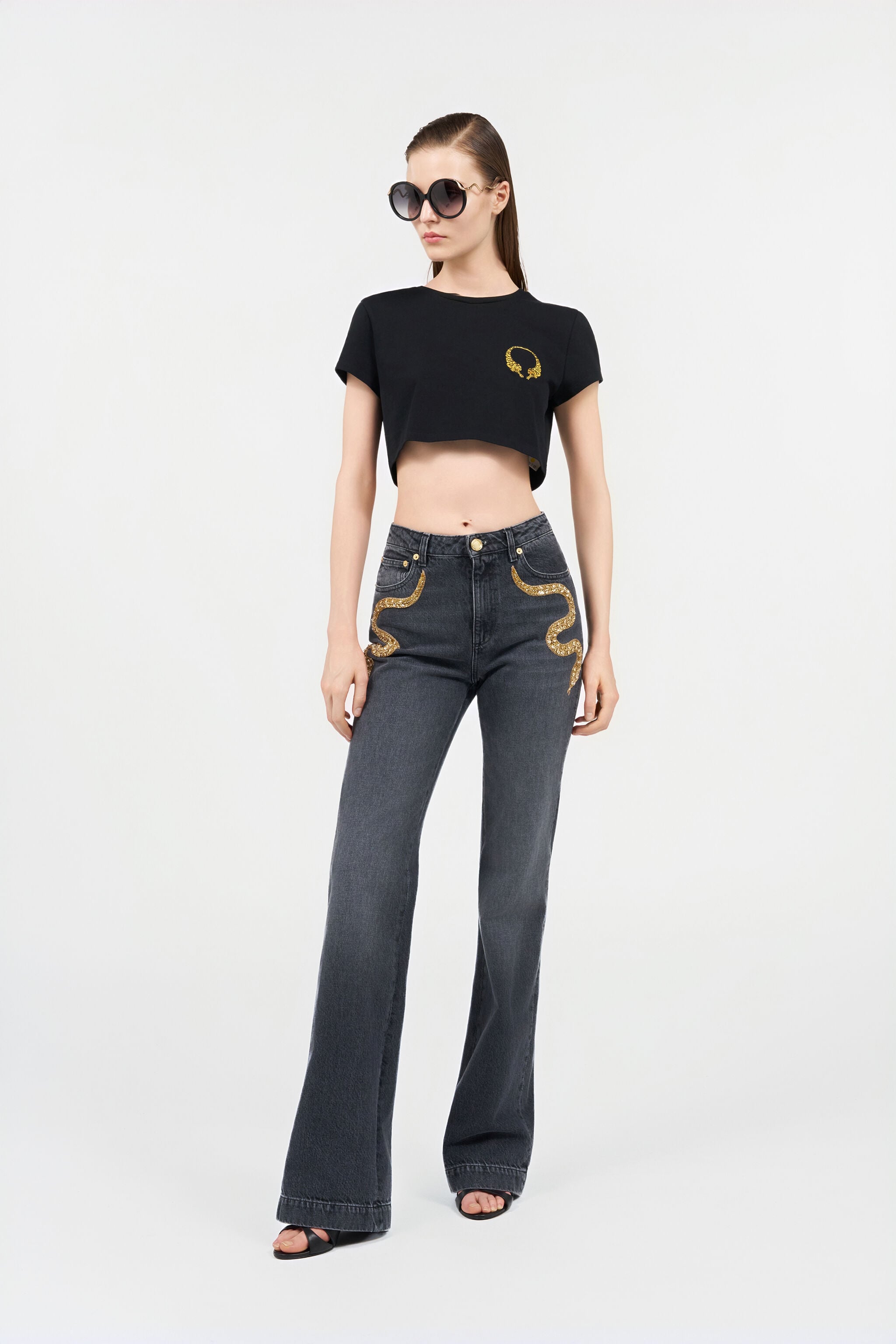 Flared Jeans with Snake Embroidery in BLACK for Women | Roberto