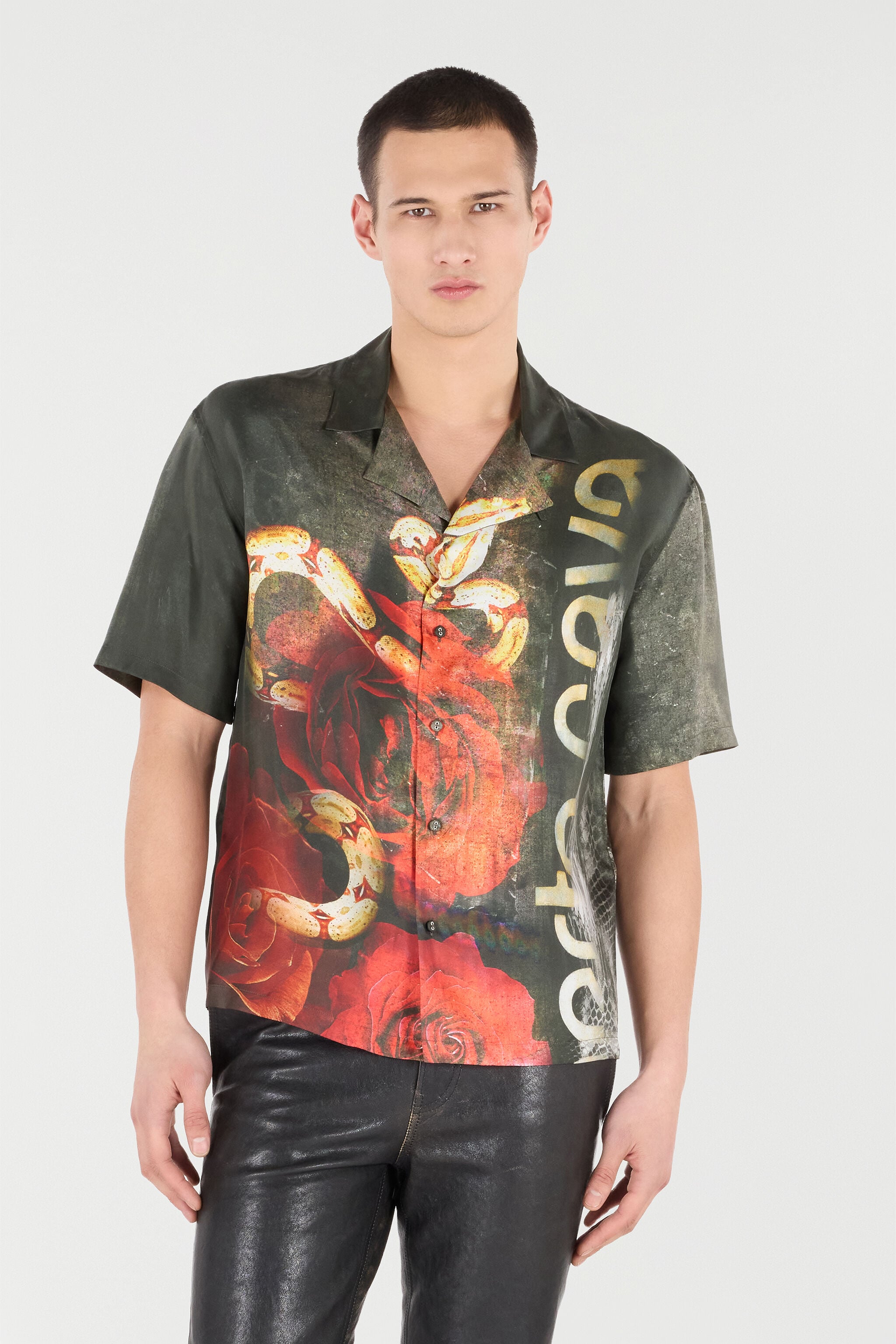 RC Silk Shirt With Roses And Snakes Print RC Silk Shirt With Roses And Snakes Print Red URT761-4QN69