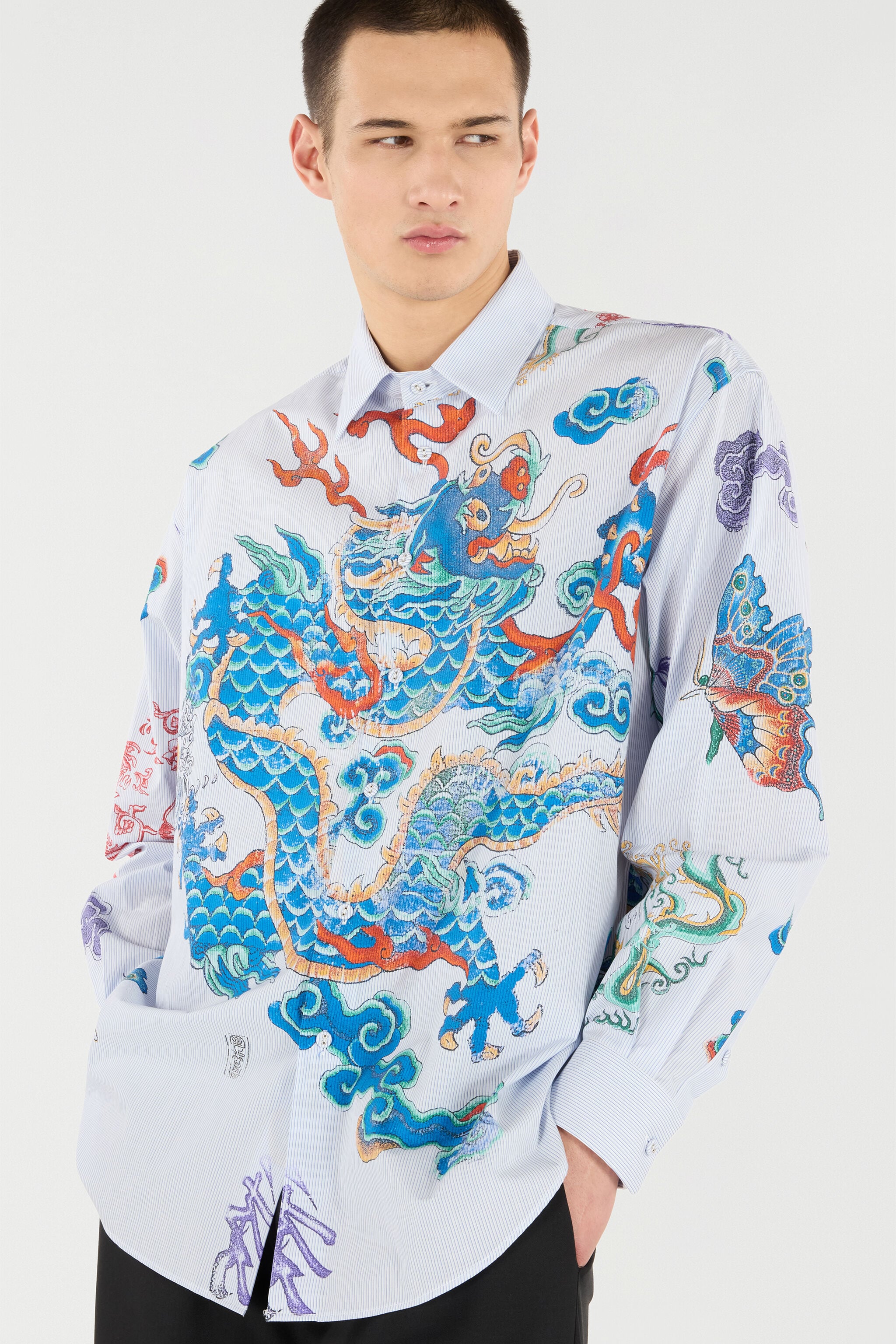 Shirt With Dragon, Flowers And Butterflies in WHITE LIGHT BLUE for