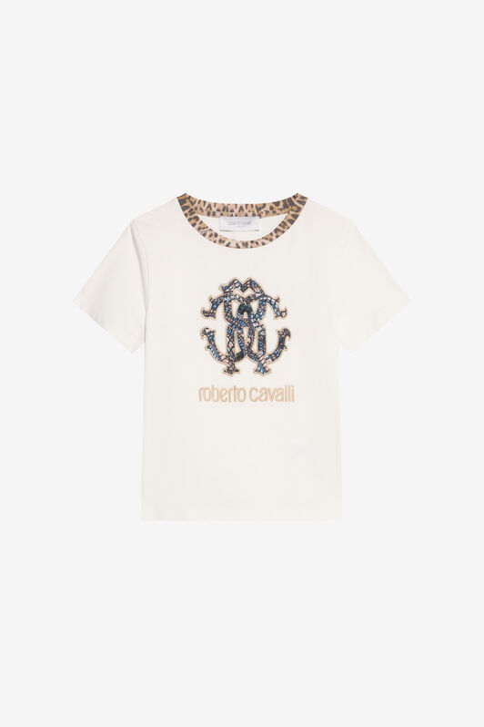 JU Logo-T-Shirt mit Leopardensaum IVORY XJT60S-JD003