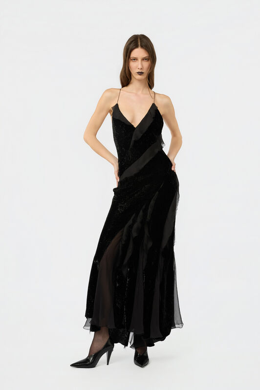 RC Velvet Slip Dress with Silk Chiffon Ruffles BLACK XWT115-VL067