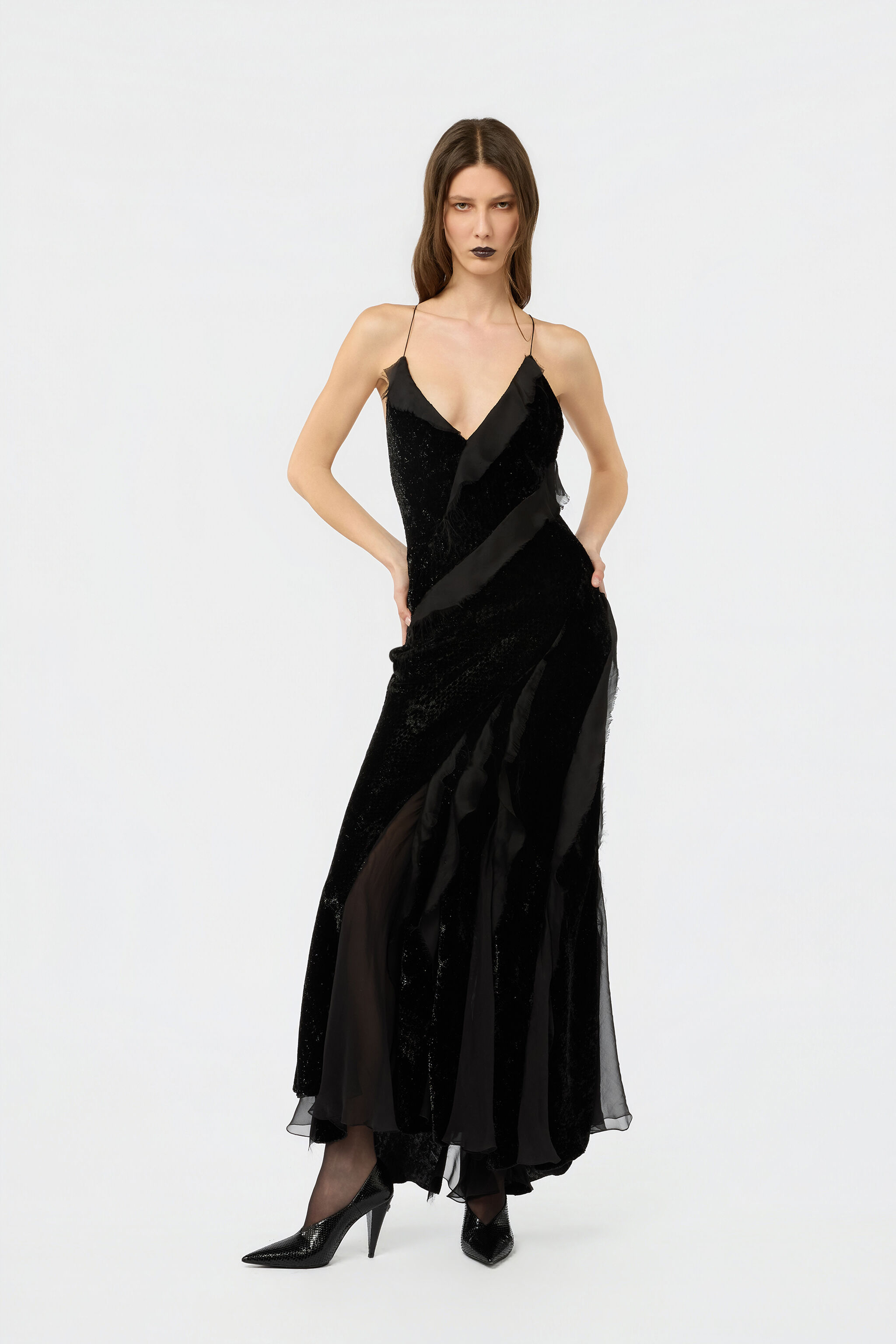 RC Velvet Slip Dress with Silk Chiffon Ruffles BLACK XWT115-VL067