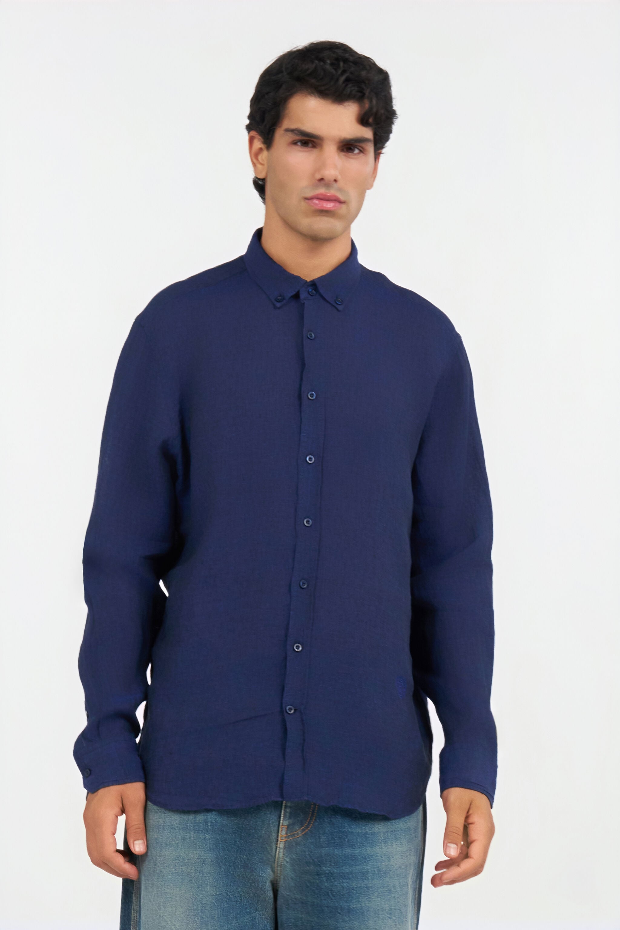 RC Blue Linen Shirt With Monogram RC NAVY QOT70I-LG018