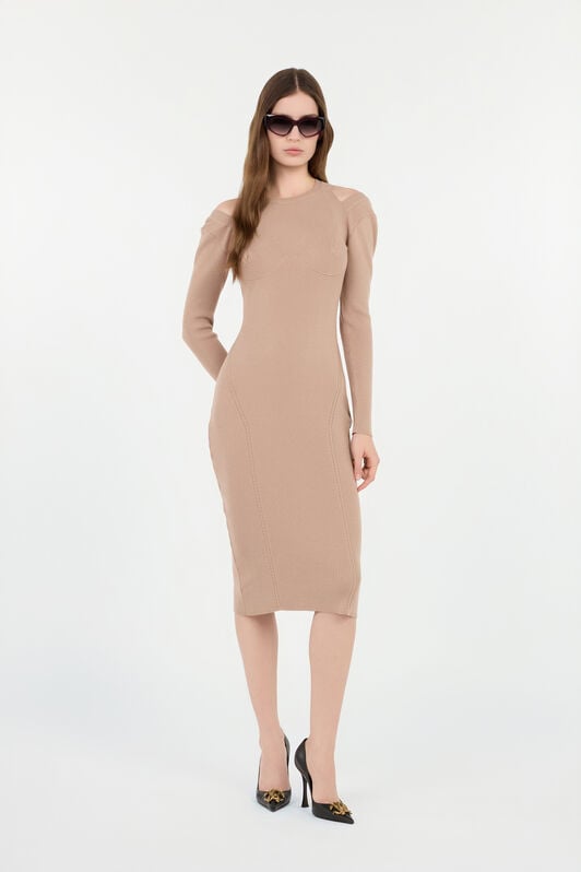 RC Beigefarbenes Geripptes Midi-Kleid Mit Cut-Outs RC Beigefarbenes Geripptes Midi-Kleid Mit Cut-Outs NUTS ROM10B-FEC33