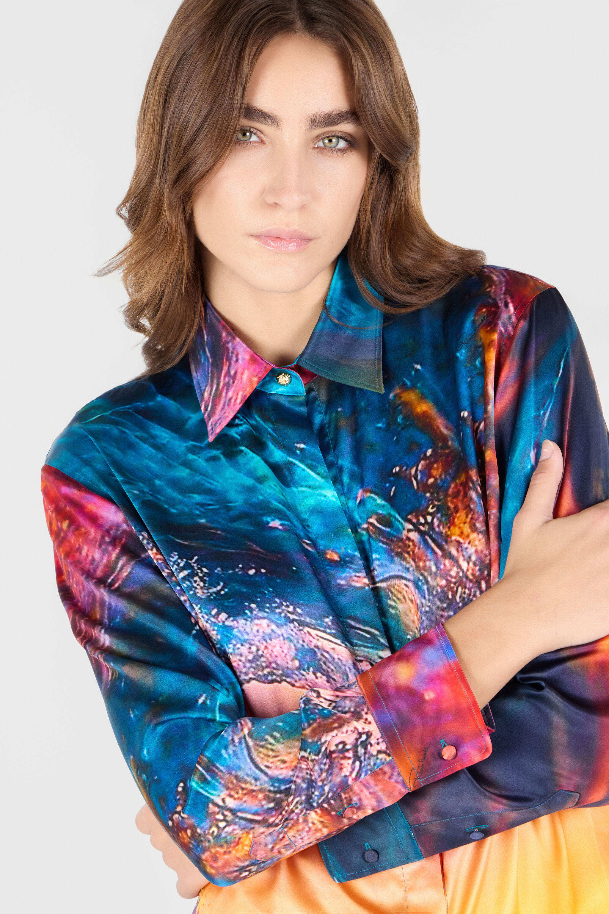 RC Camisa de Seda Estampado Itaca RC Camisa de Seda Estampado Itaca Azul/Naranja UWT704-RYN98