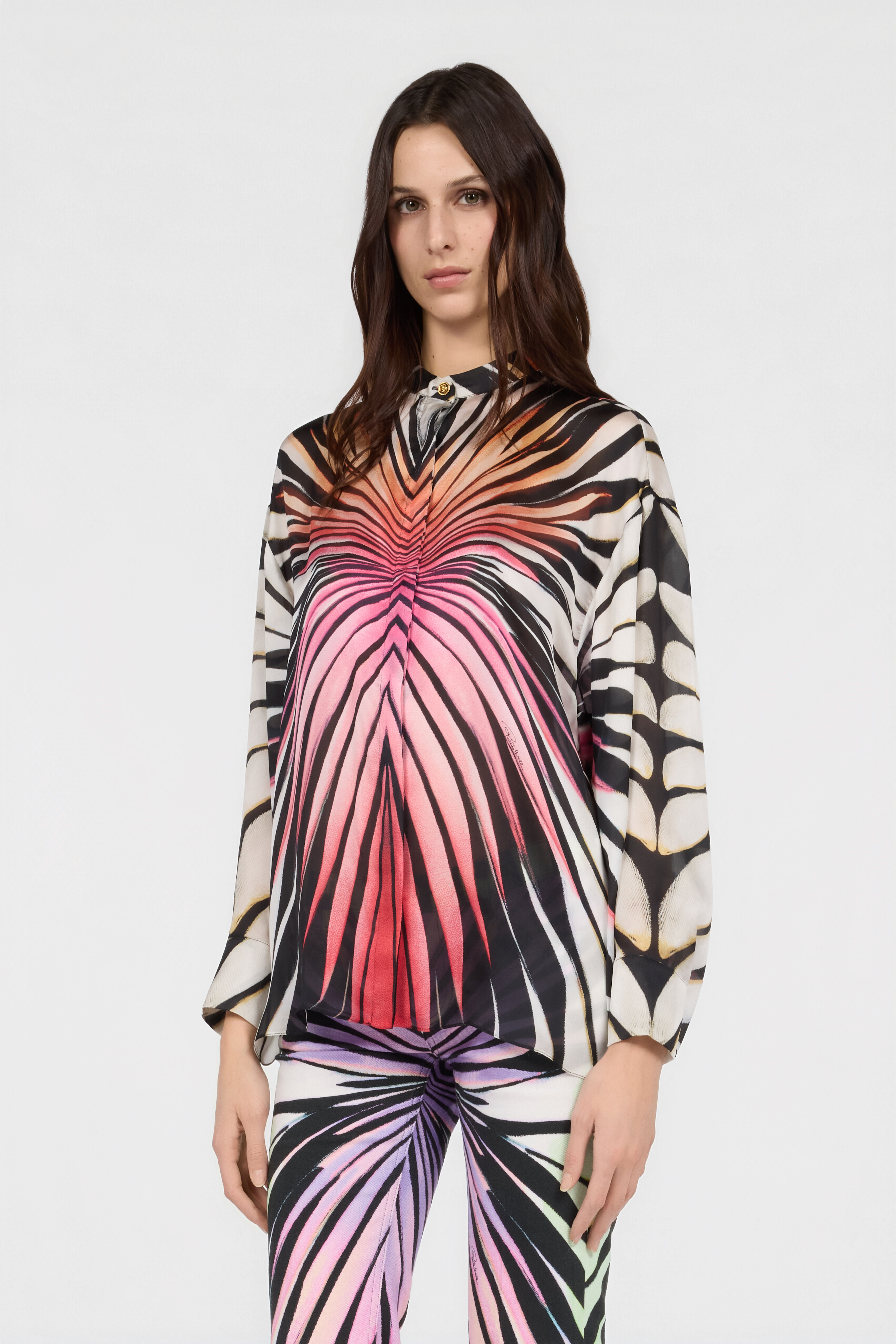 Ray Of Paradise Print Silk Shirt in CORAL for Women | Roberto Cavalli®