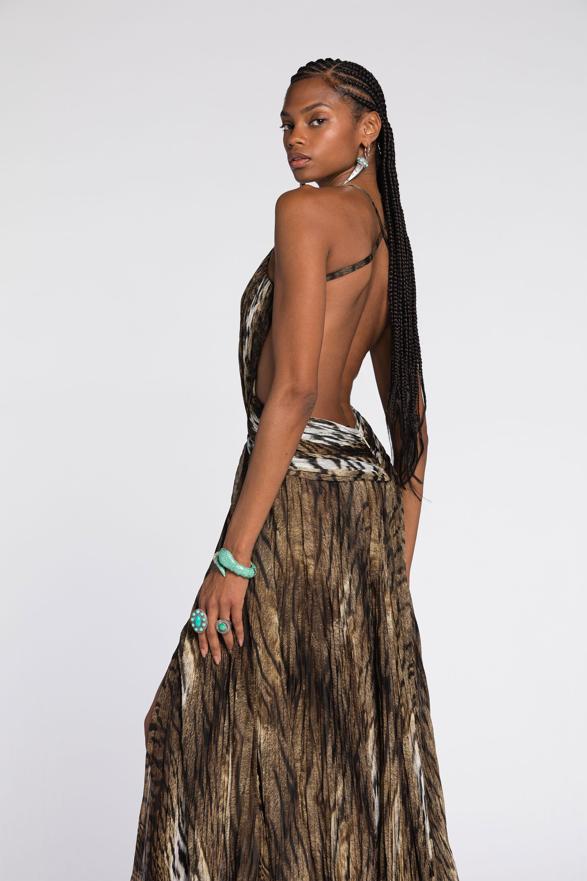 Tiger-Print Silk Maxi Dress in Brown for Women | Roberto Cavalli®