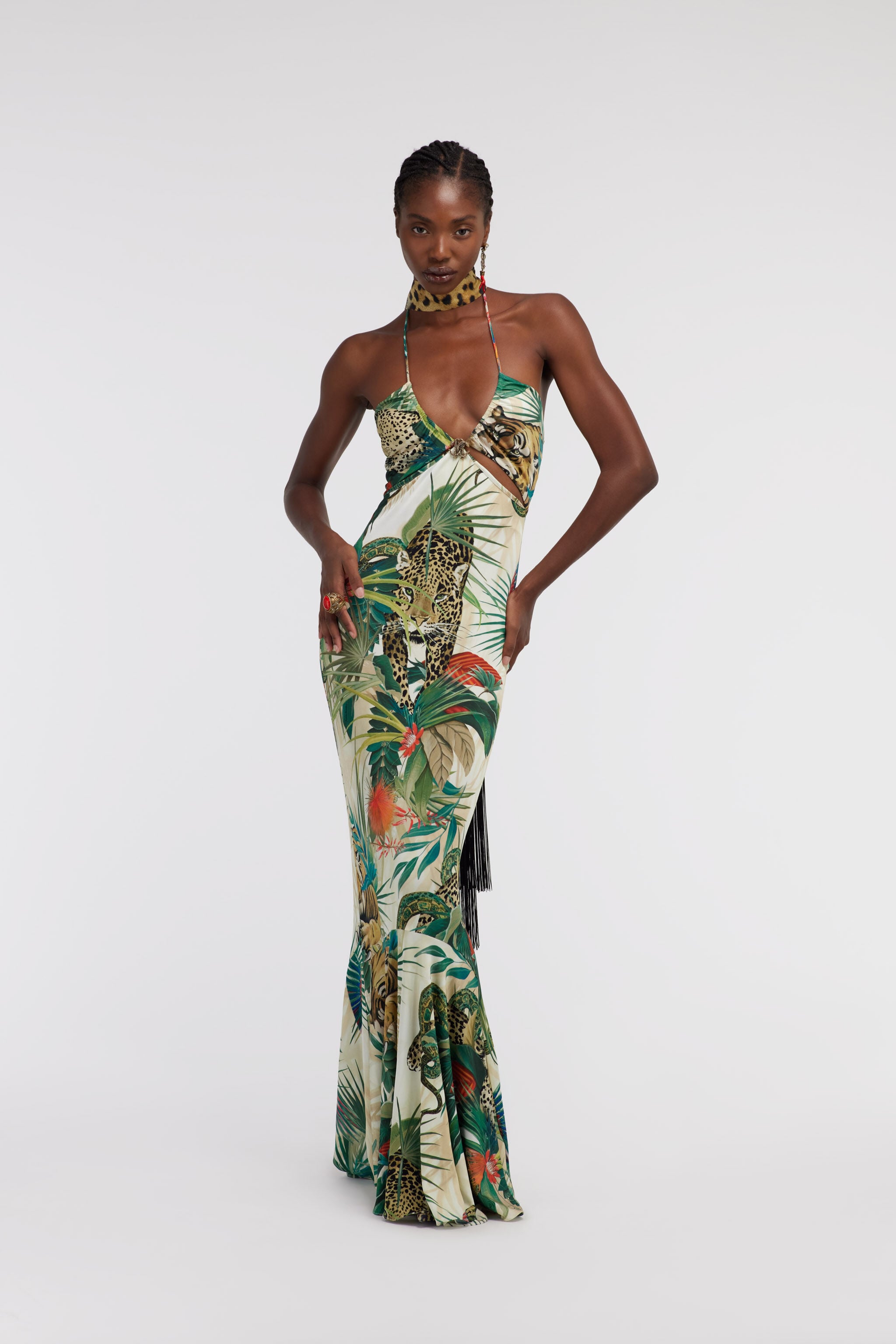 RC Jungle Print Maxi Dress Halter Neck RC Jungle Print Maxi Dress Halter Neck Green SKT125-JRI88