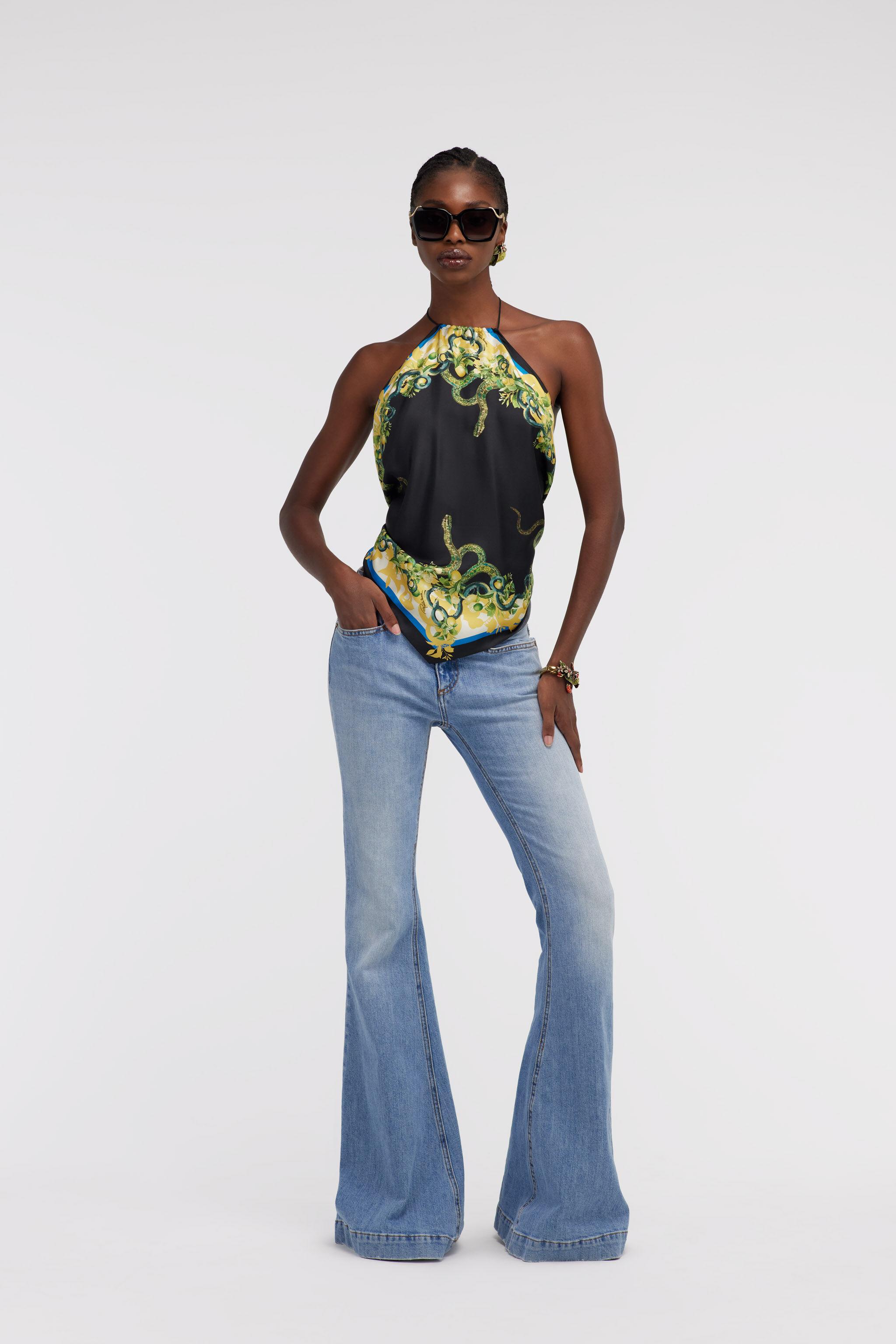 2003AW Roberto Cavalli スネーク シルク コルセットトップ Snake print top in Black for Women | Roberto Cavalli®
