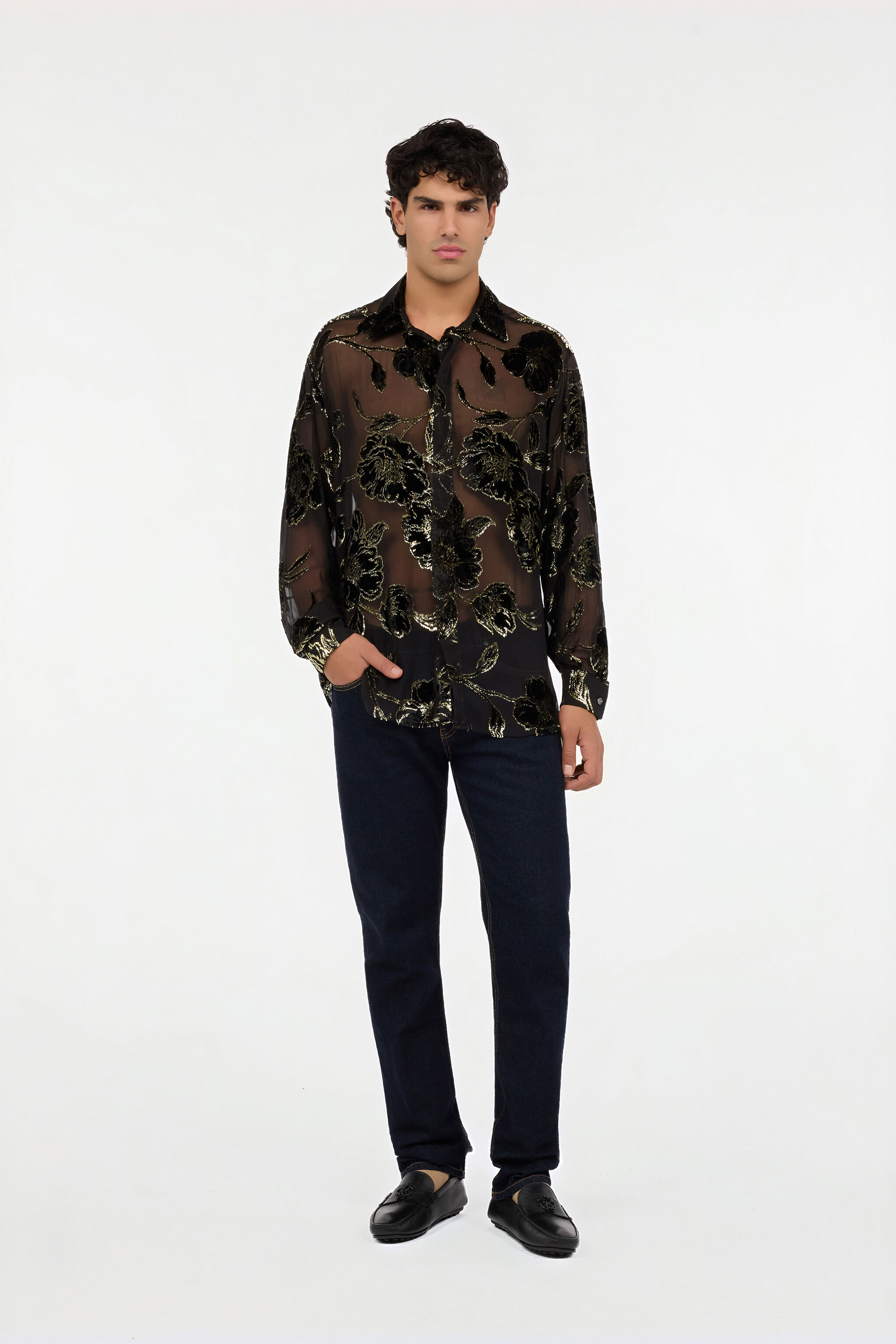 Black and Gold See-Through Shirt with Floral Pattern in BLACK AND