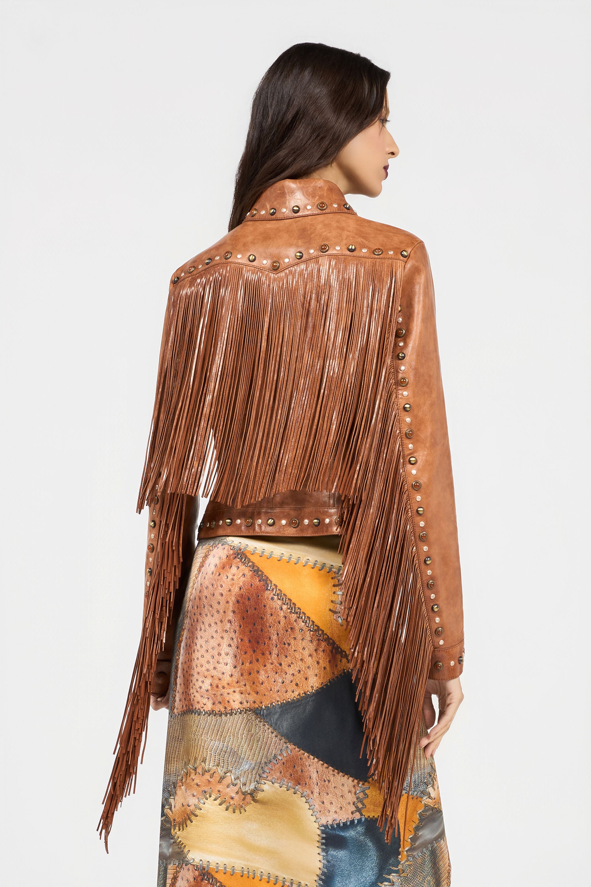 RC Leather Jacket With Fringes And Studs RC Leather Jacket With Fringes And Studs BROWN XQP400-PN002
