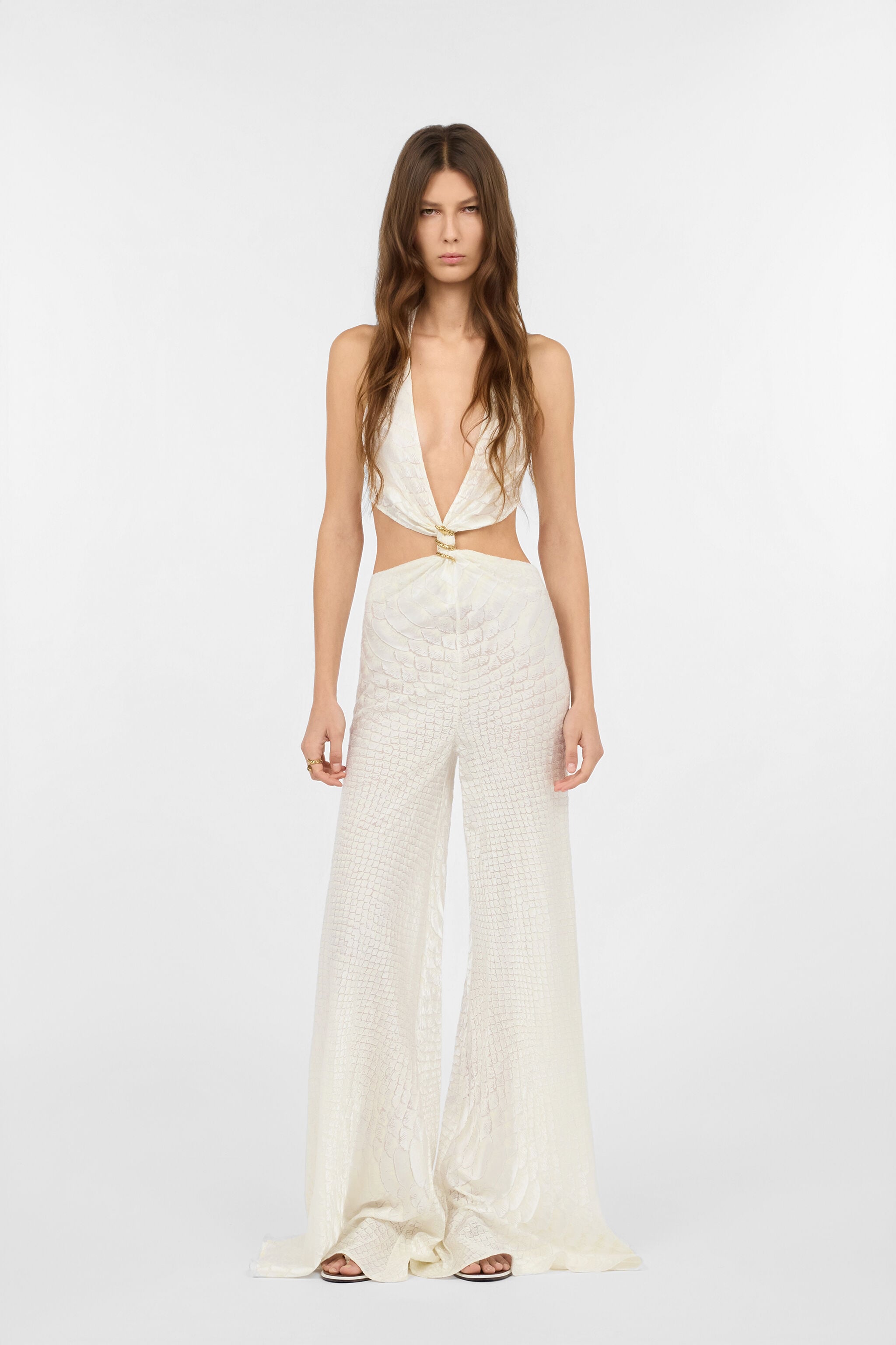 White Jumpsuit with Serpentine Print and Cut-Out Detailing in