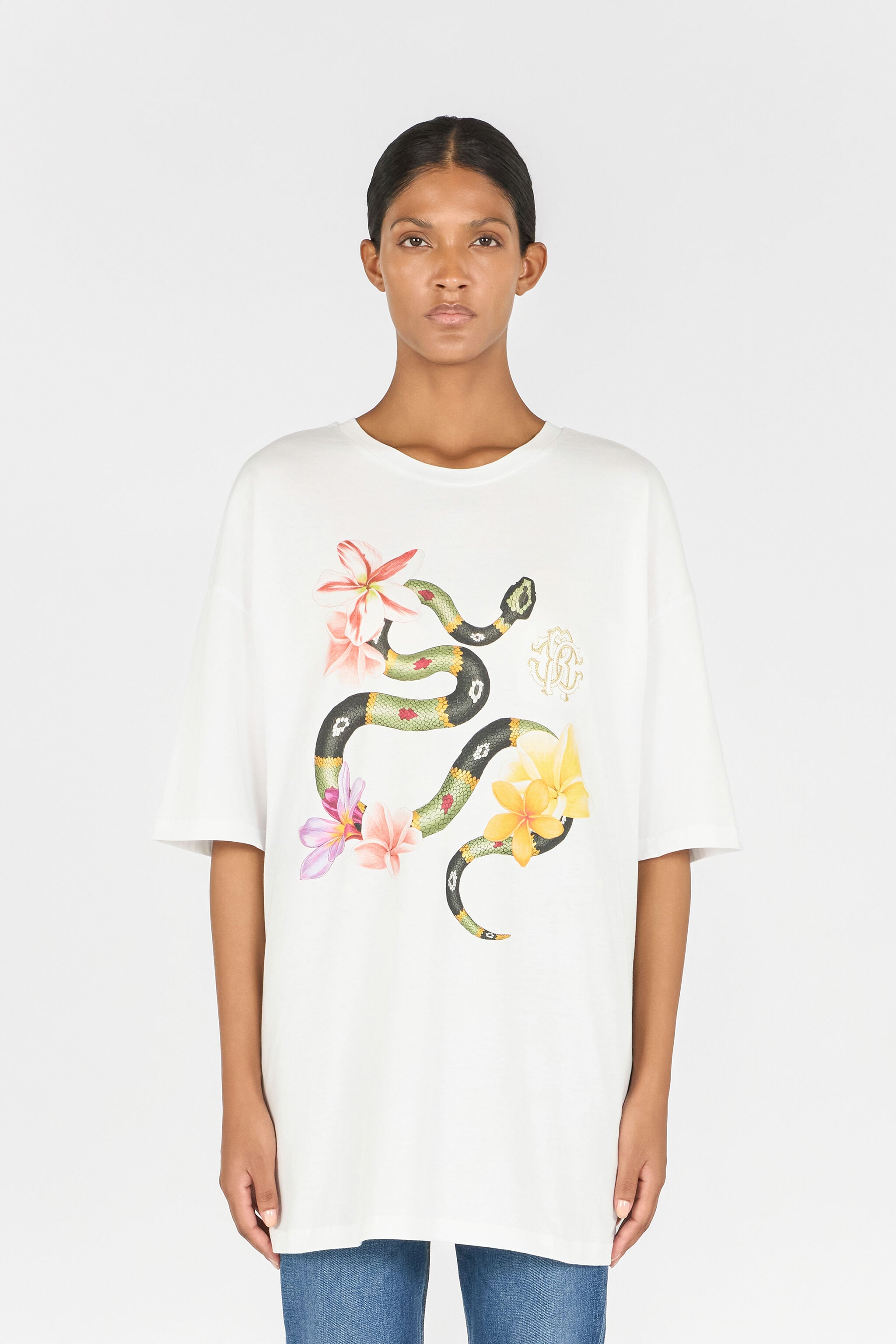 RC T-Shirt Mit Schlange Und Blumen Weiß OOT62A-JD060