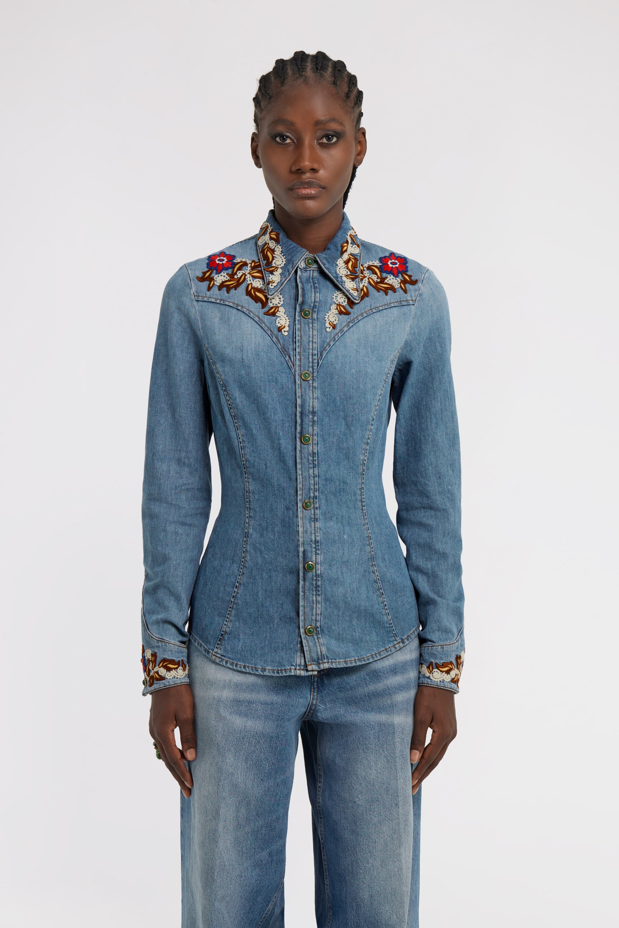 RC Blue Denim Shirt With Floral Embroidery RC Blue Denim Shirt With Floral Embroidery Blue TKJ705-VT001