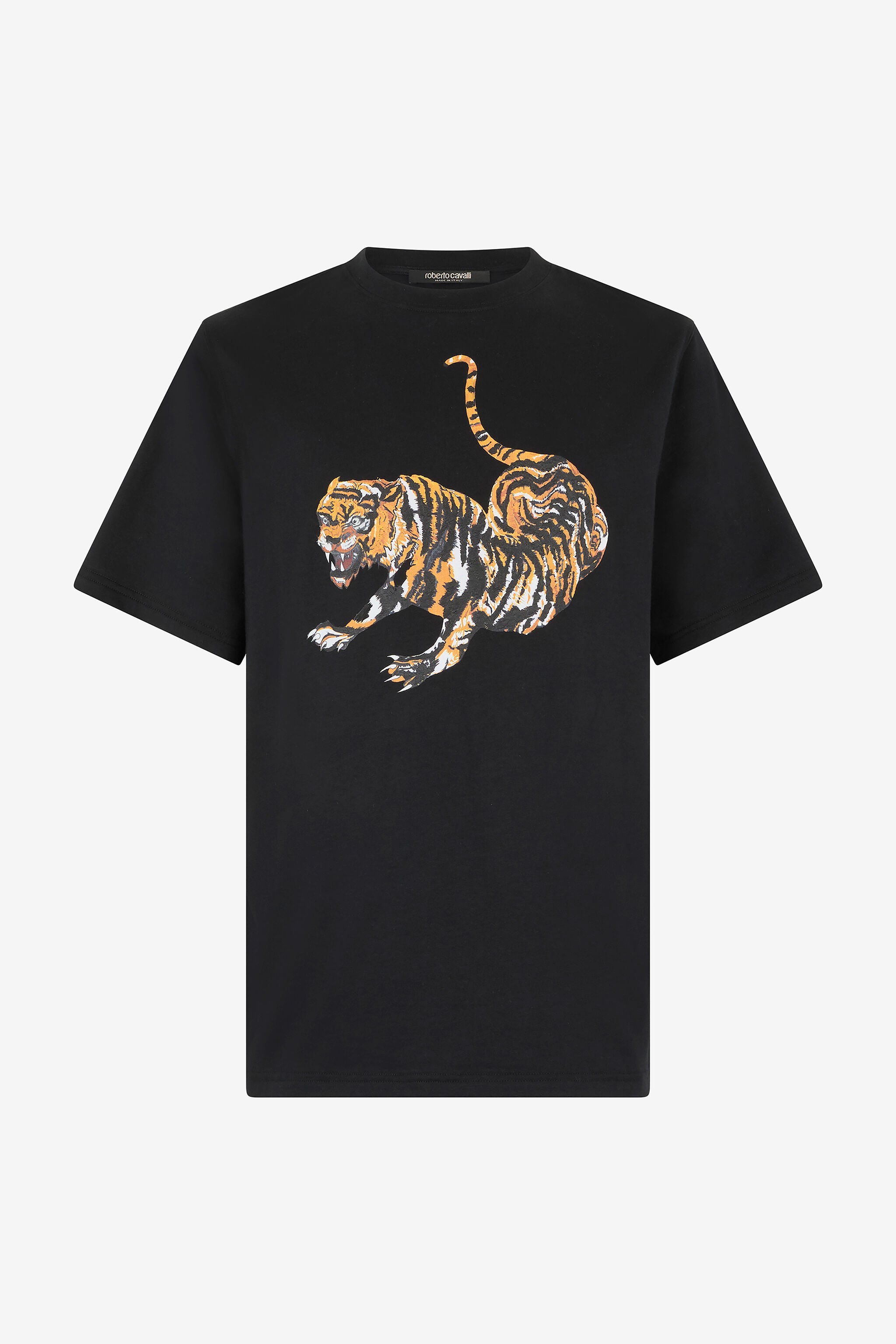 Cotton T-Shirt With Tiger in Black for Men | Roberto Cavalli®