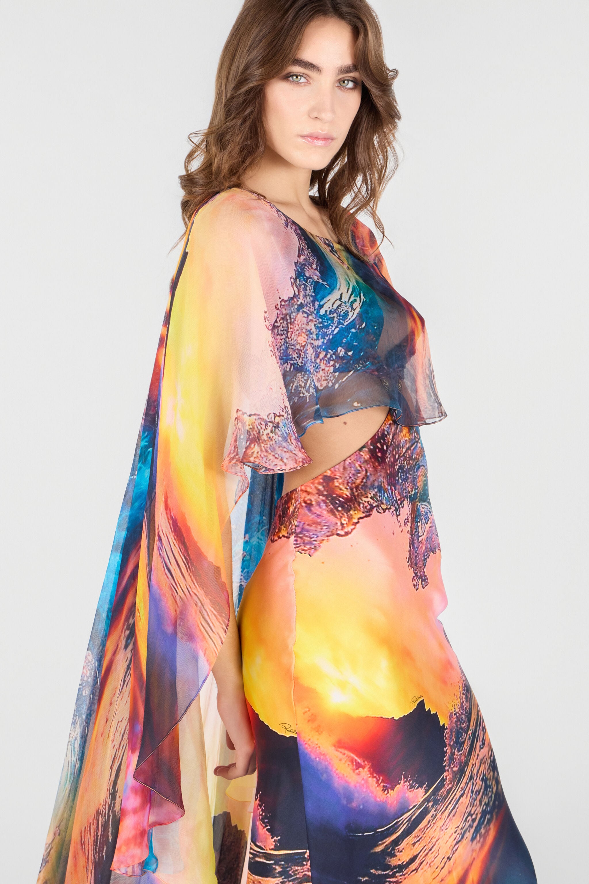 Itaca Print Long Dress with Cape in Blue/Orange for Women