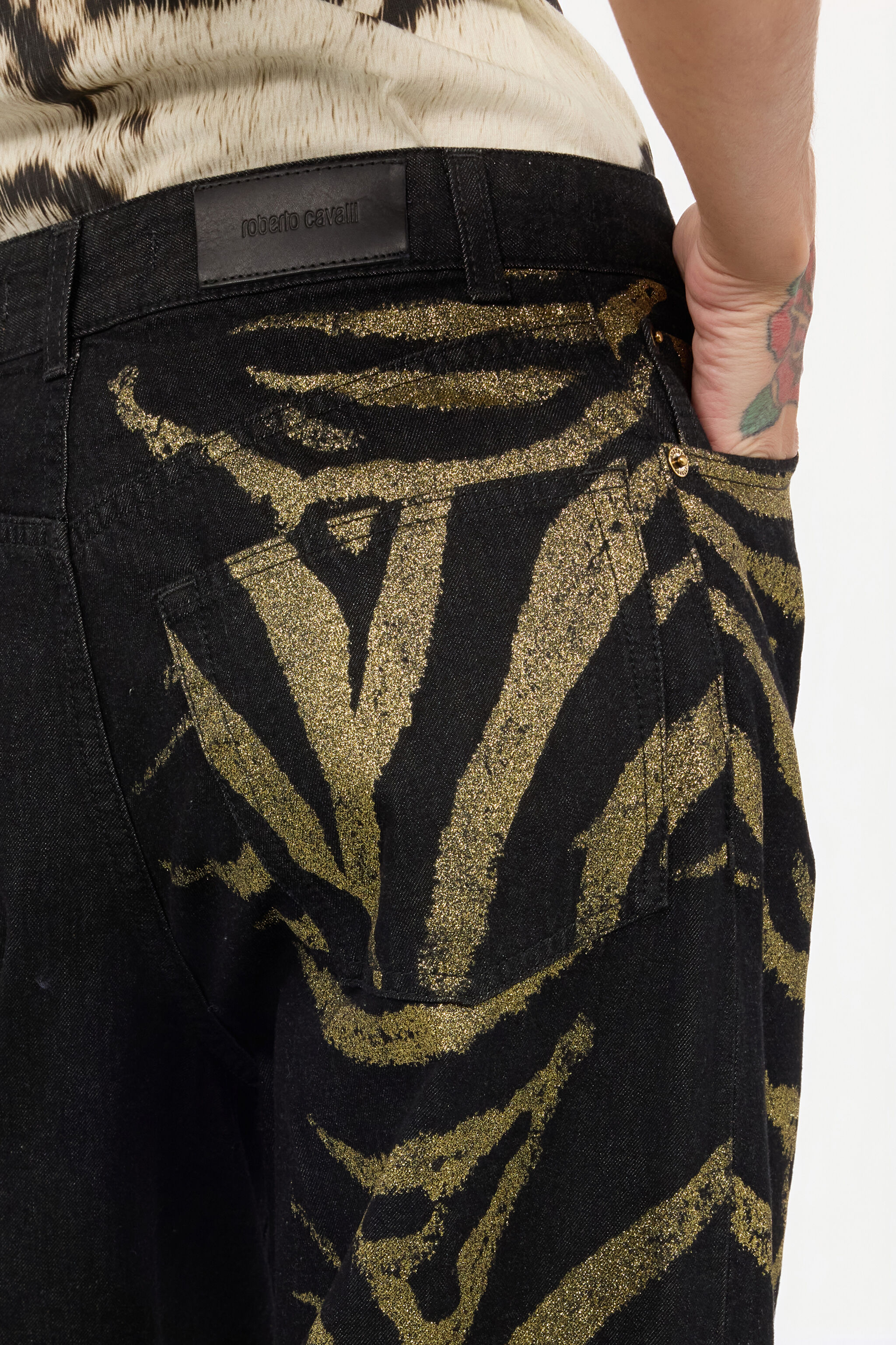 Jeans With Zebra Print On Side in Black/Gold for Women | Roberto