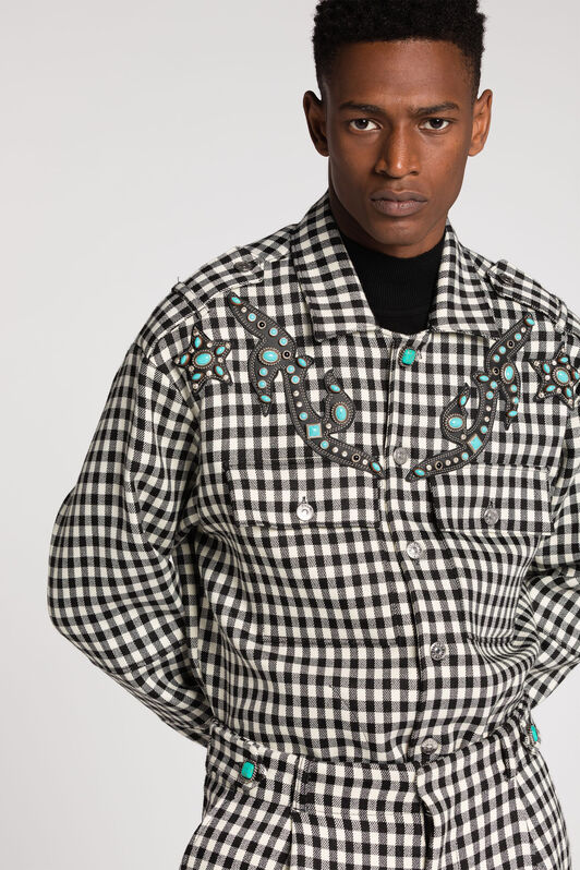 RC Turquoise-Embellished Gingham Jacket Black/White RRT752-AIC02