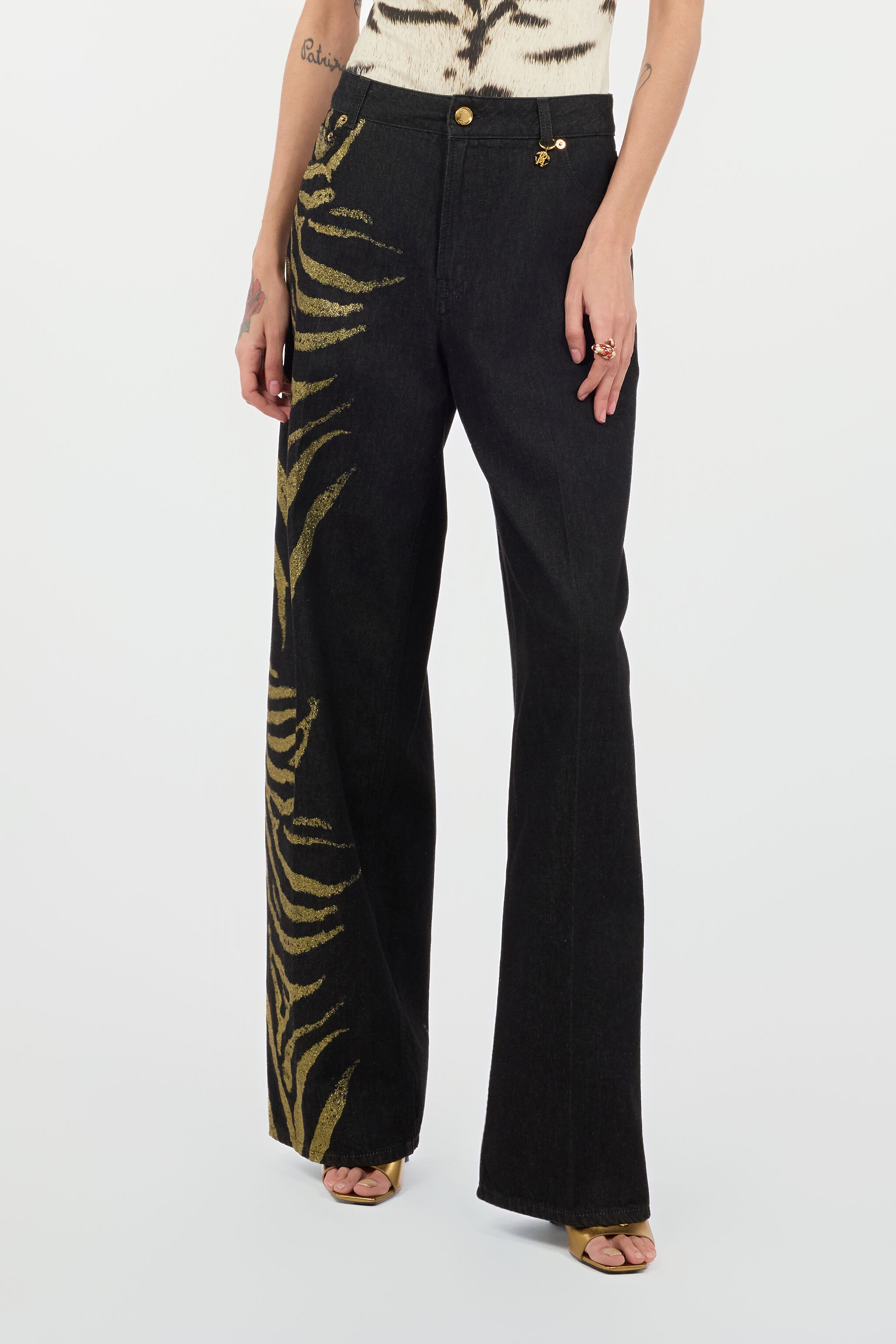 Jeans With Zebra Print On Side in Black/Gold for Women | Roberto