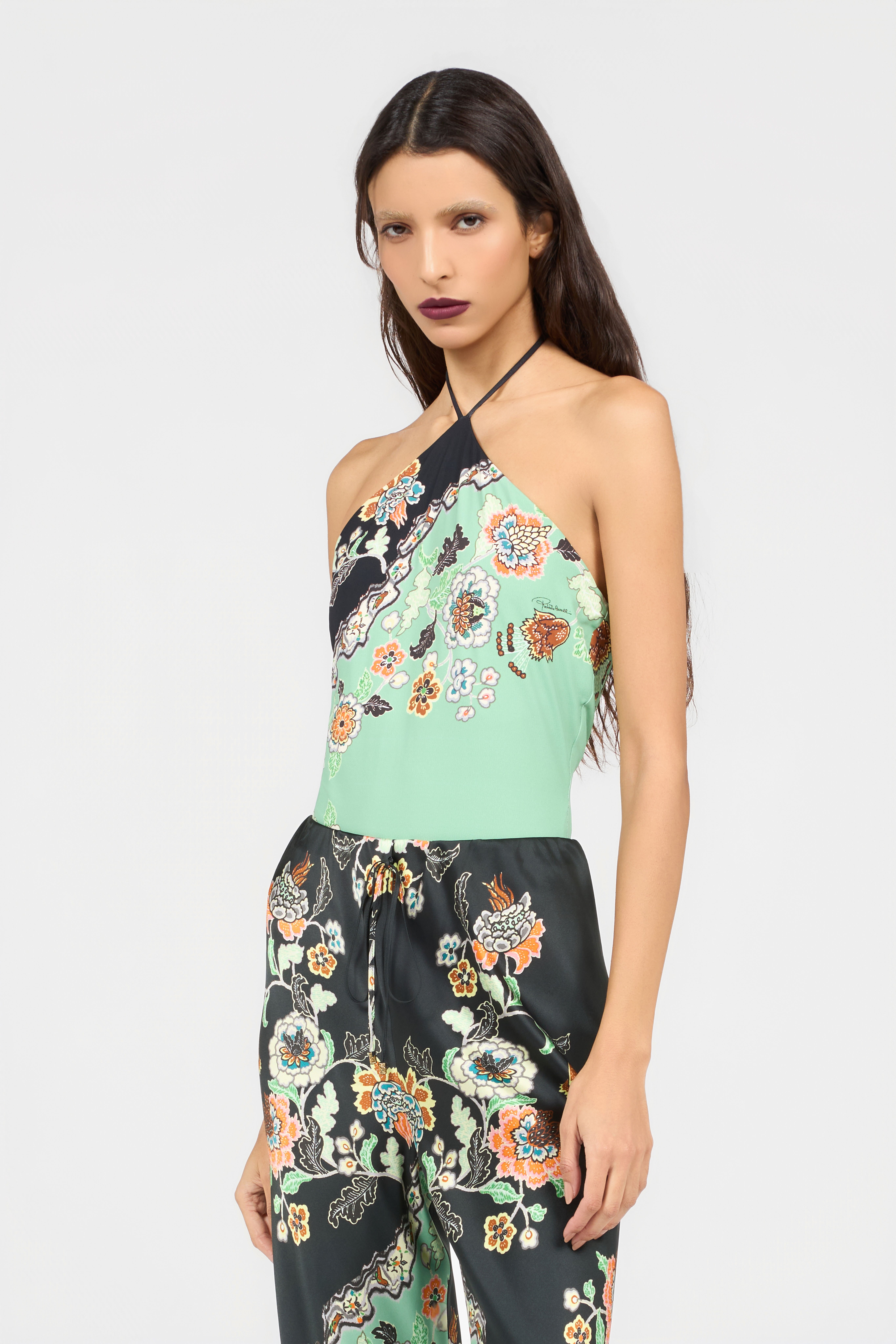 Kimono Print Top in GREEN/BLACK for Women | Roberto Cavalli®