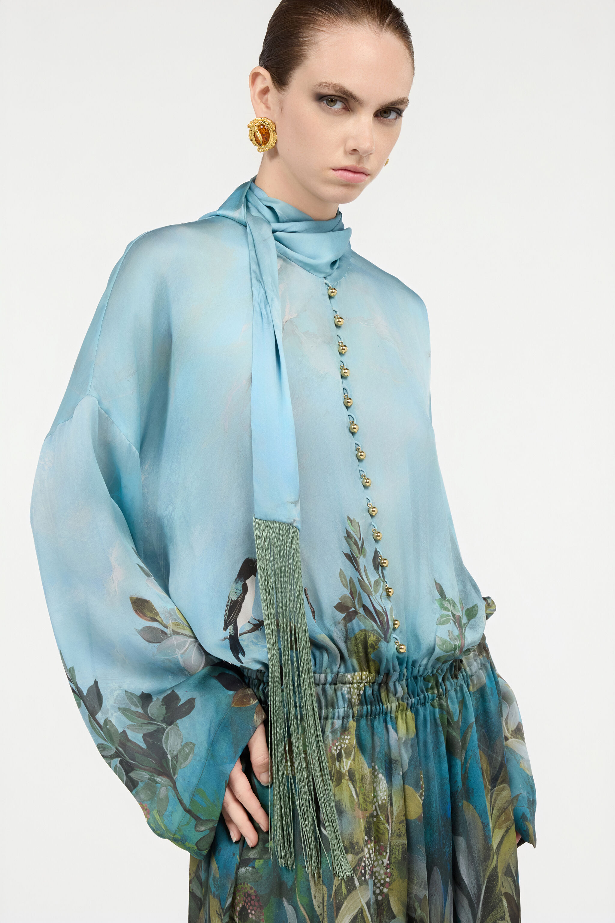 Silk Dress With Eden Print in Green/Blue for Women | Roberto Cavalli®