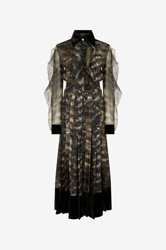 RC Vestido midi de seda con estampado Fur BLACK/BEIGE XWT113-OZT79