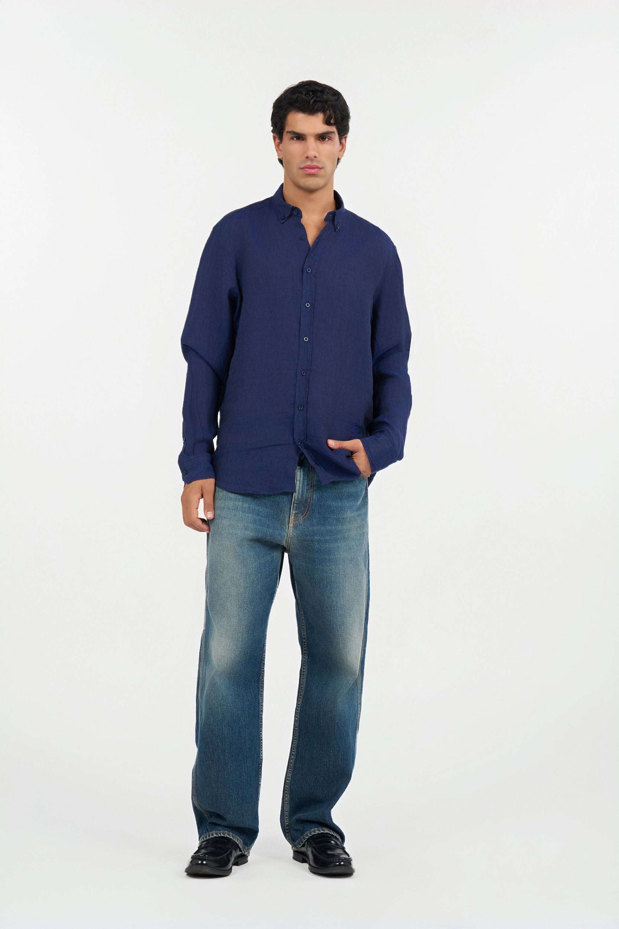 RC Blue Linen Shirt With Monogram RC NAVY QOT70I-LG018