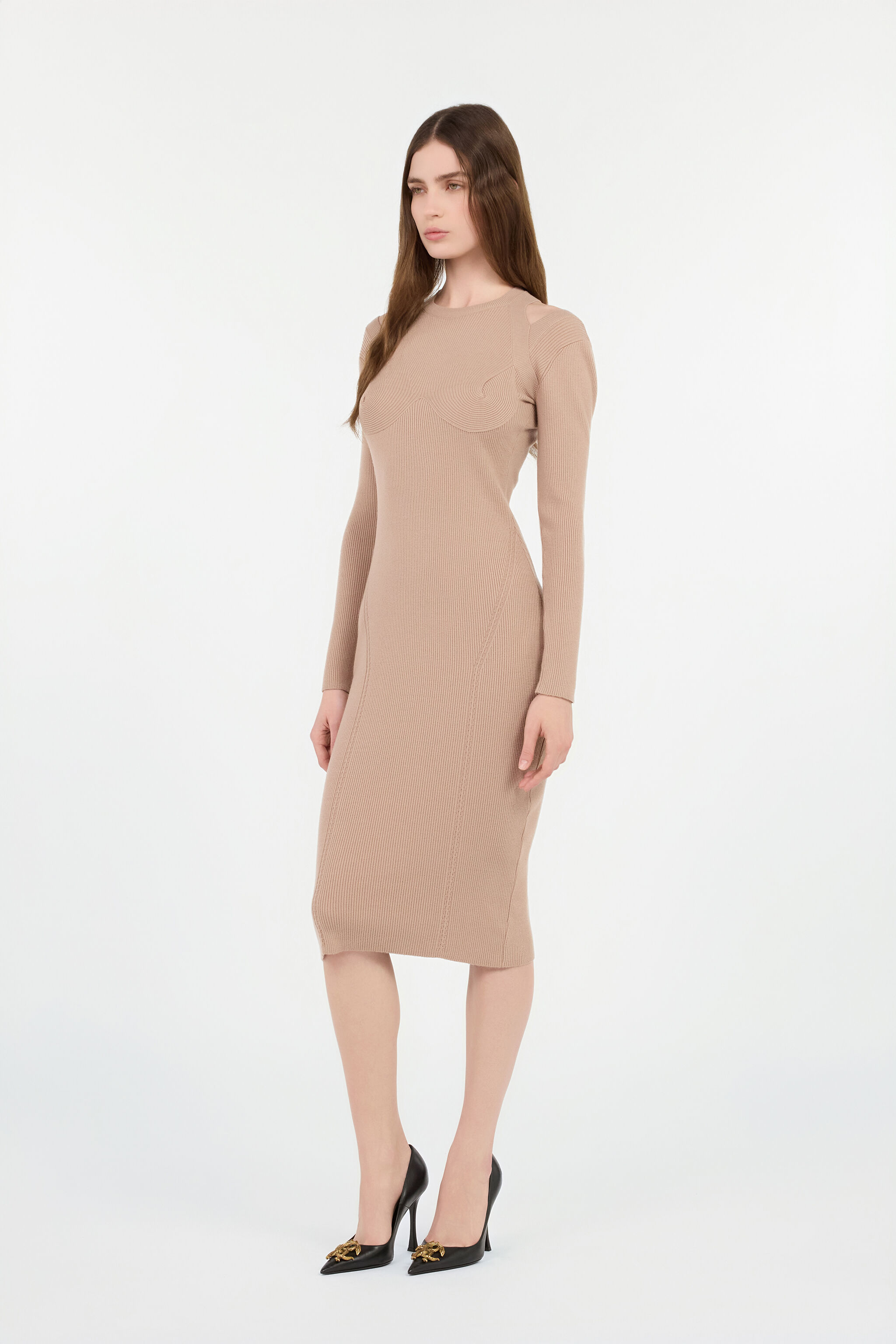 RC Beigefarbenes Geripptes Midi-Kleid Mit Cut-Outs RC Beigefarbenes Geripptes Midi-Kleid Mit Cut-Outs NUTS ROM10B-FEC33