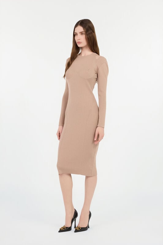 RC Beigefarbenes Geripptes Midi-Kleid Mit Cut-Outs RC Beigefarbenes Geripptes Midi-Kleid Mit Cut-Outs NUTS ROM10B-FEC33