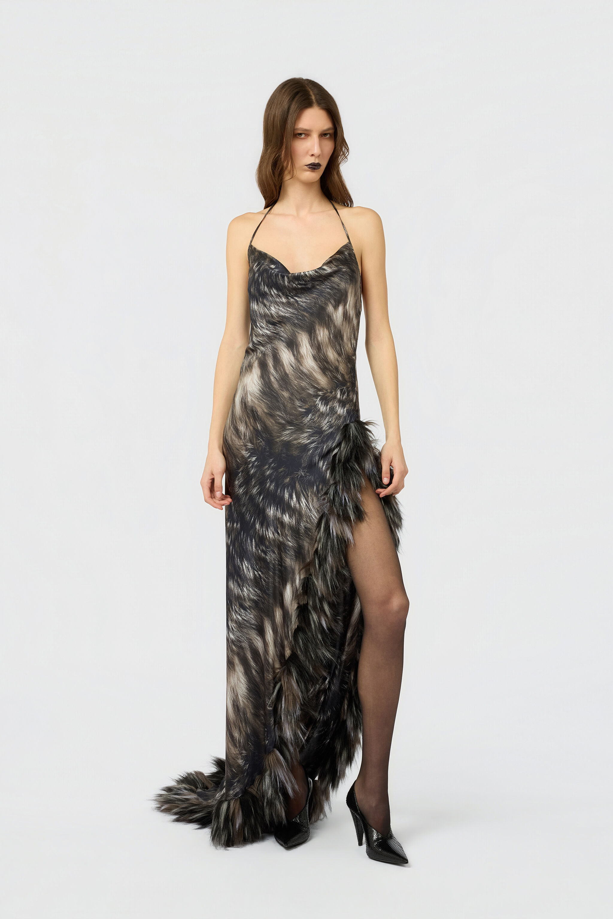 RC Kleid aus Seide mit Fur-Print BLACK/BEIGE XWT151-TYT79